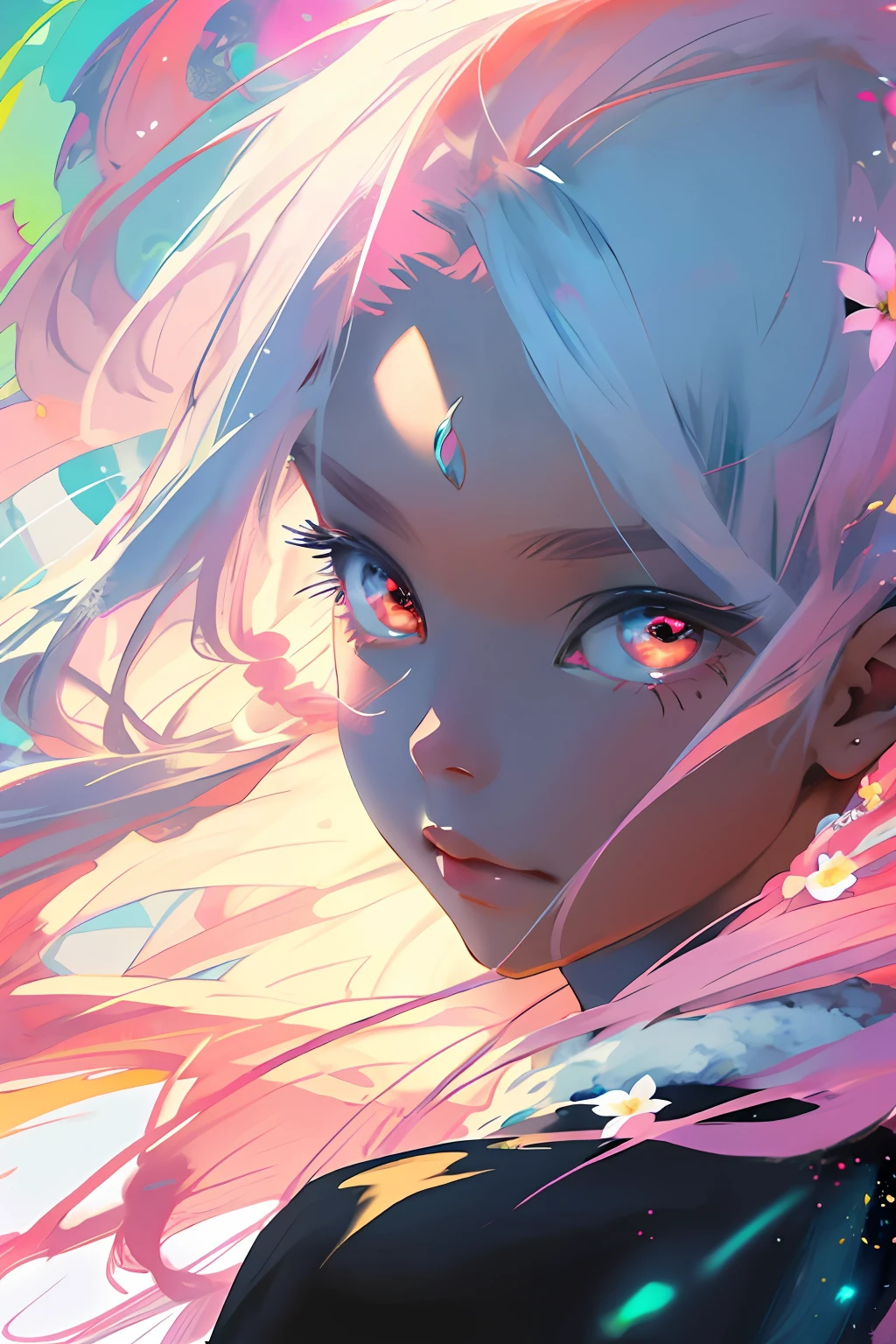 realisticlying，（tmasterpiece，top Quority，best qualtiy，offcial art，Beauty and aesthetics：1.2），The is very detailed，s fractal art，Colorful，Most detailed，zentangle，（abstract backgrounds：1.5）（1boy：1.3），Kamimei，The color hair，long whitr hair，（luminous red eyes），mistic，(magia)，fire and ice，Kizi，((Rosa flowers))