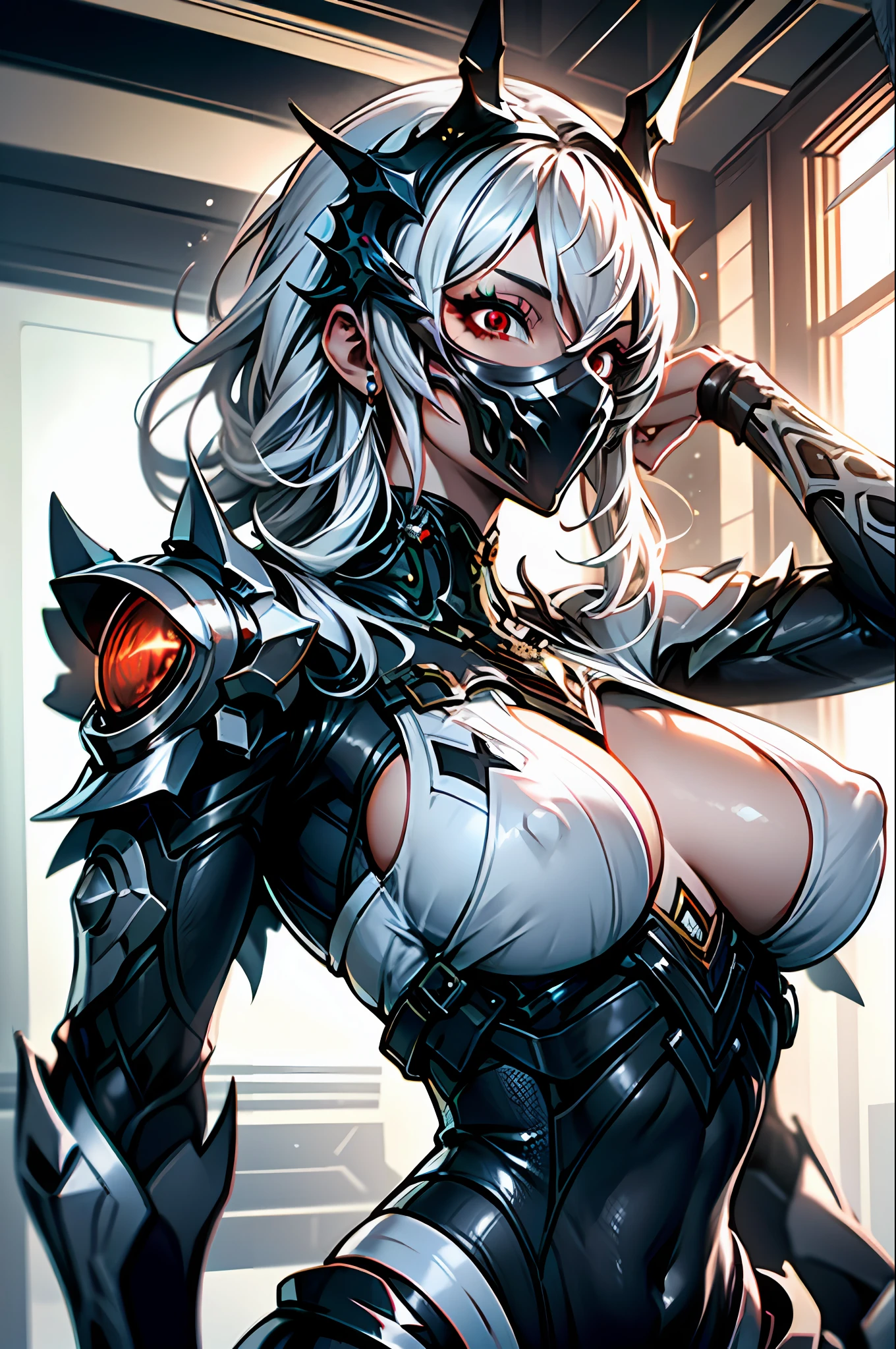 (tmasterpiece:1.2,high high quality), 1girll, ((hyper realistic detailed)), Global illumination, shadowing, Dynamic lighting, unreal-engine, rendering by octane, 8K, Super sharp, metals, iintricate, Decorations detailed, highly intricate detail, Red eyes, (Mechanical body:1.2), White color hair,(Black mask), gear wheel, apocalytic,huge tit,Nipple rings,full bodyesbian