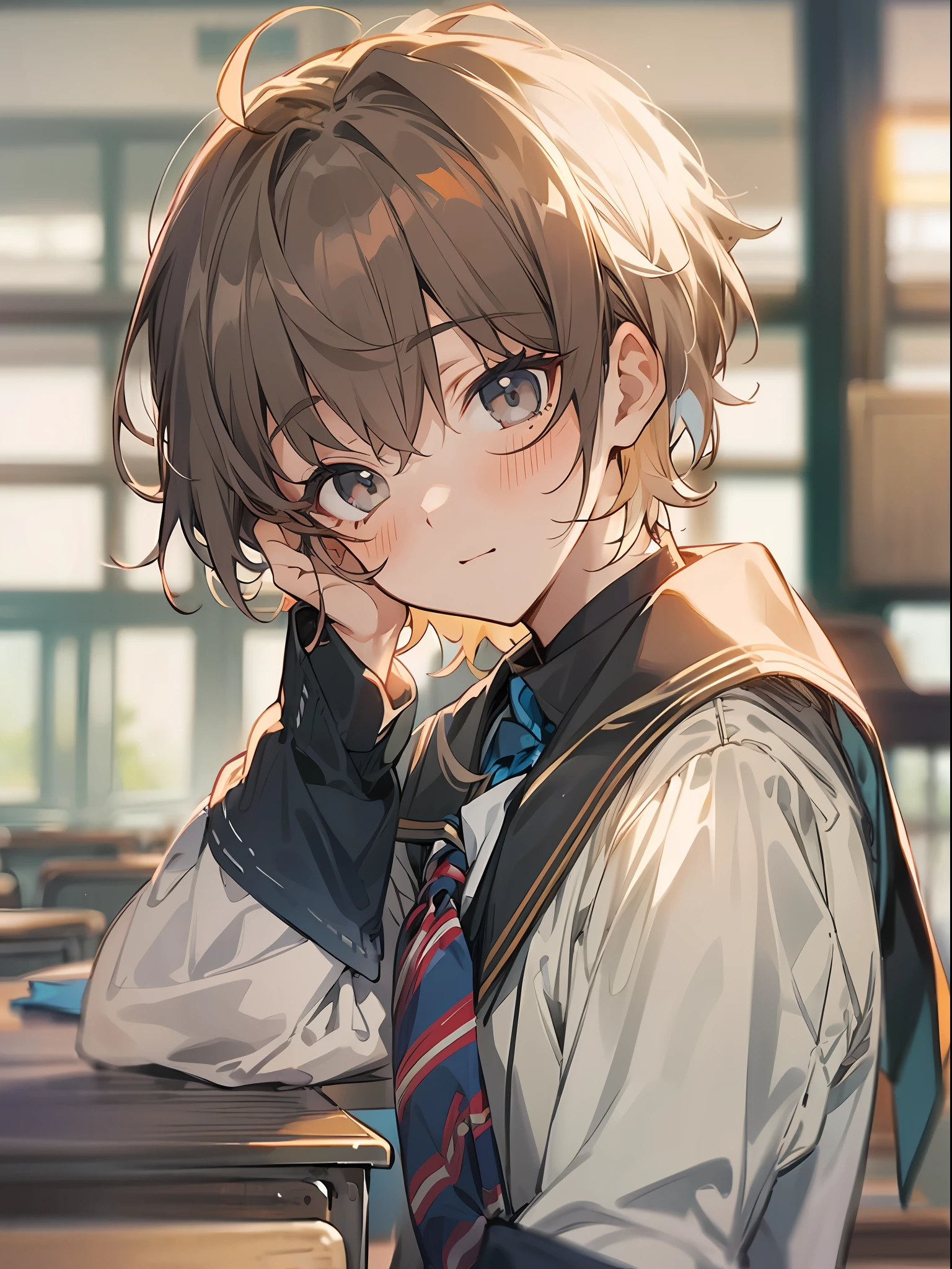 solo high school boy,navy brown short hair,center parted,black eyes,cool,school uniform,classroom,sunset,best quality++,beautiful eyes++,beautiful hair,black tone