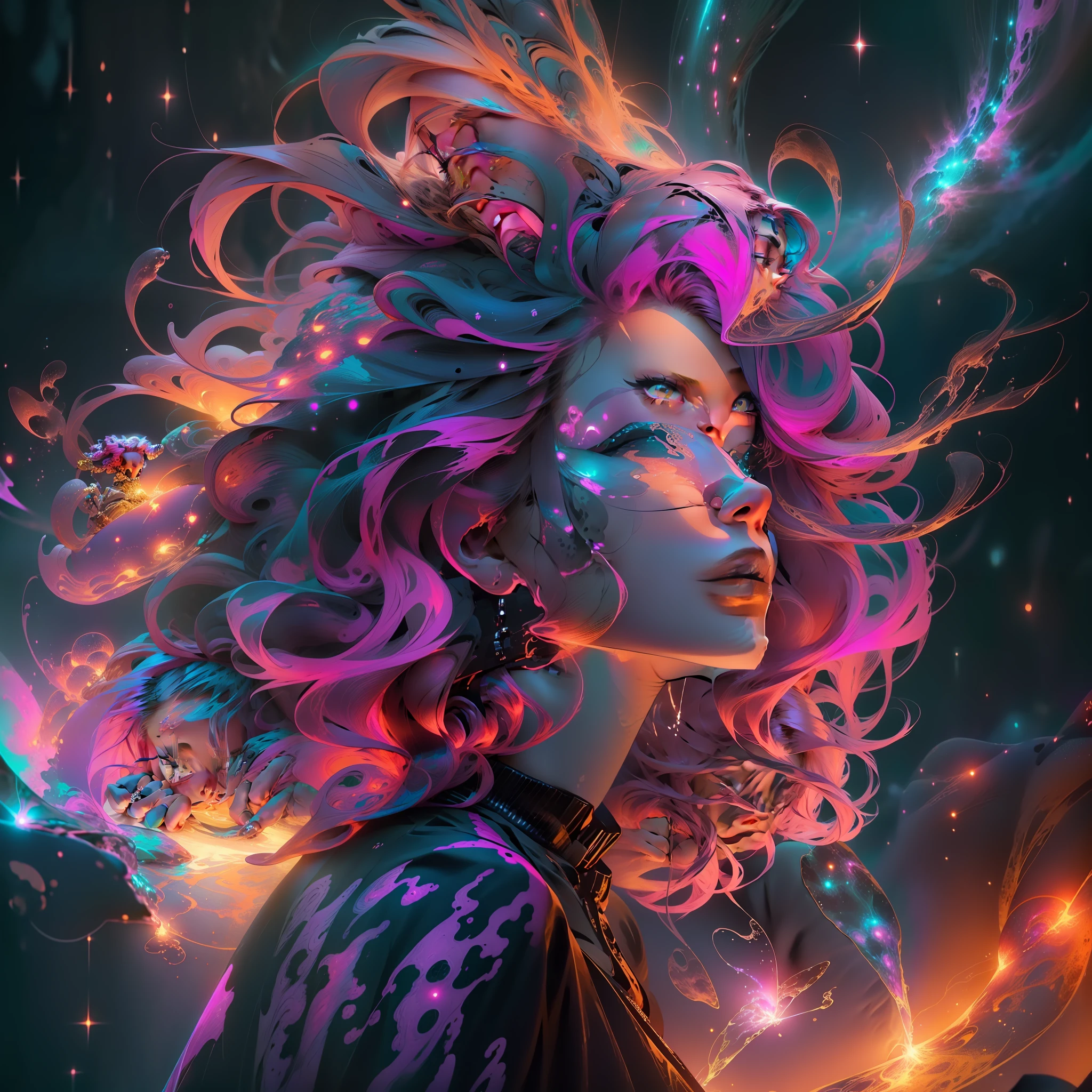 A stunning woman with vibrant neon hair glowing in the midst of galaxy formations.