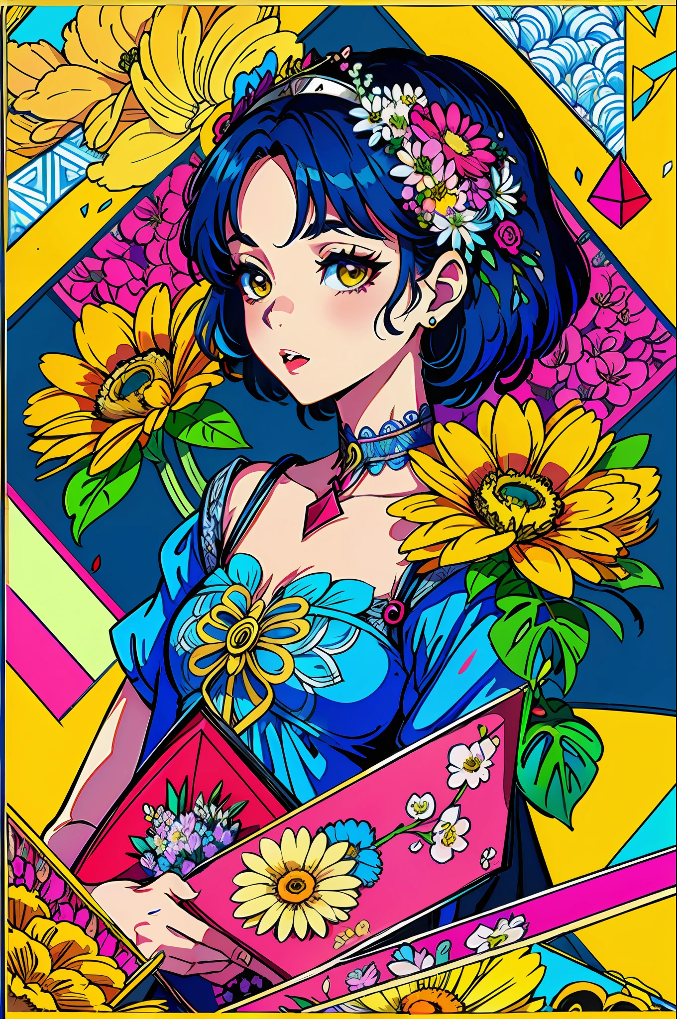 (ultra-detailed background, detailed background), absurdres, highres, ultra detailed, extremly detailed, 1girl, (bunch of flowers:1.3), (zentangle:1.2), (geometric:1.2),(colorful), splash art