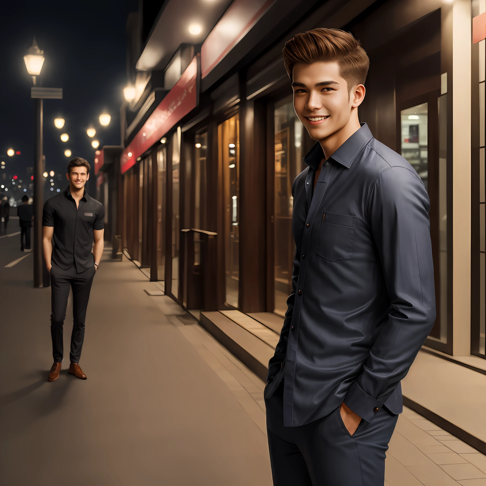 masterpiece, best quality, highres, ultra high res,real, photorealistic,Young man,Handsome face,evening,natural lighting,looking at viewer,outdoor,full body,smile,round face,short hair,details eyes,Shanghai city street,Nightscape