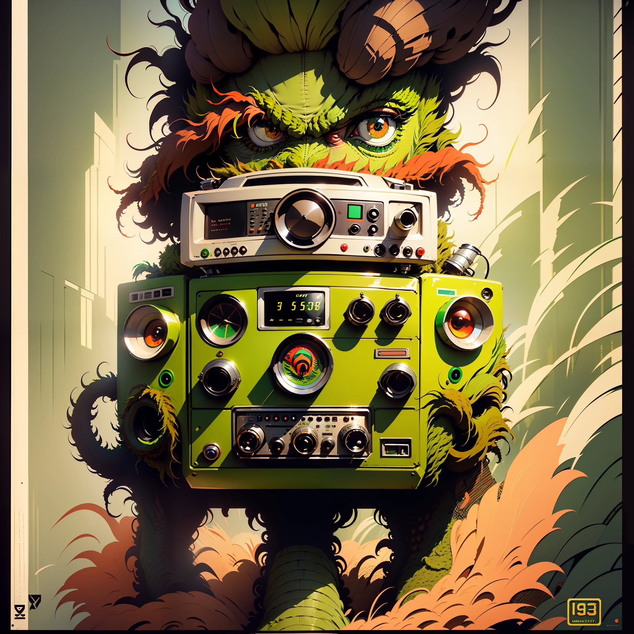 a ((((([rasta monster])))))), ( full body shot) holding a boombox, ghetto blaster, big ghetto blaster, tape deck, lofi hip hop, audio equipments, cassette, retro technology, nostalgic vibes, 1 9 6 0 s tech, radios, vintage, the 6 0 s, propaganda Poster style, Poster design, poster art style. 1970s, 1950s, 1960s, Very colourful poster, colour art, thirds rule, inspiring, 1970, lofi hip hop, high quality artwork, artwork, poster art style, promotional artwork, hiphop, 1 9 th, print, high quality wallpaper, poster artwork, style of shepherd fairey, in a retro or vintage style, reminiscent of classic advertisements or posters. Use warm and muted colors, capturing the nostalgic feel of vintage artwork, bird's eye view