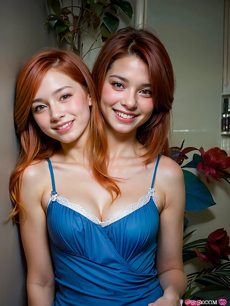 2heads, two headed girl, (mom and daughter:1.5), (one torso:1.5), (female:1.5), (redhead:1.4), (teenager:1.4), (caucasian:1.5), (two heads on one body:1.4), conjoined twins, heads side by side, one torso, young, uncomfortable, barefoot