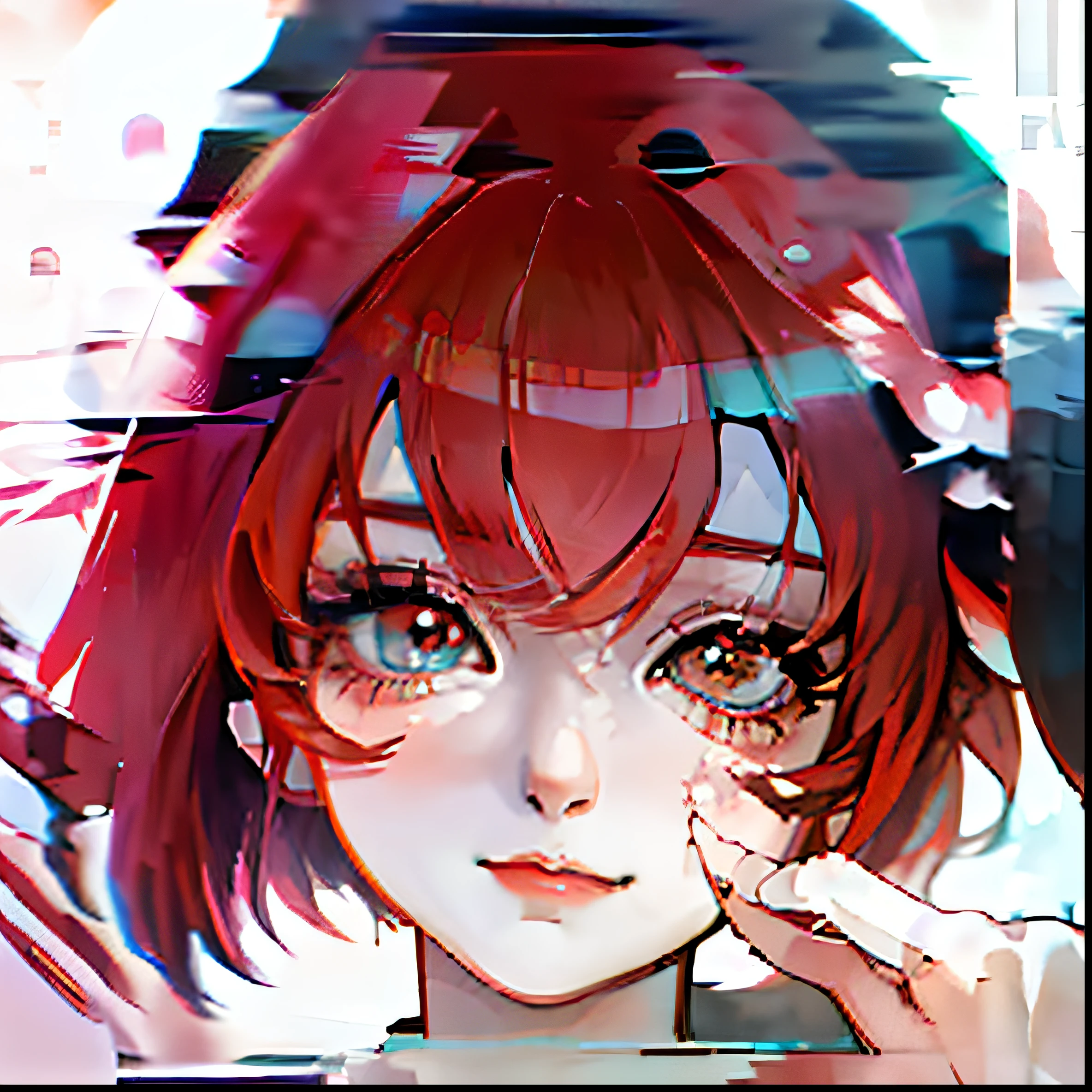 Anime girl with red hair and blue eyes pointing fingers, Anime visuals of cute girls, sayori, closeup Iwakura Lain, iwakura lain, Anime girl named Lucy, yume nikki, portrait gapmoe yandere grimdark, (Anime Girl), Anime Best Girl, Gapmoe Yandere, anime moe art style、Oblique face、a smile、Eyes are swimming
