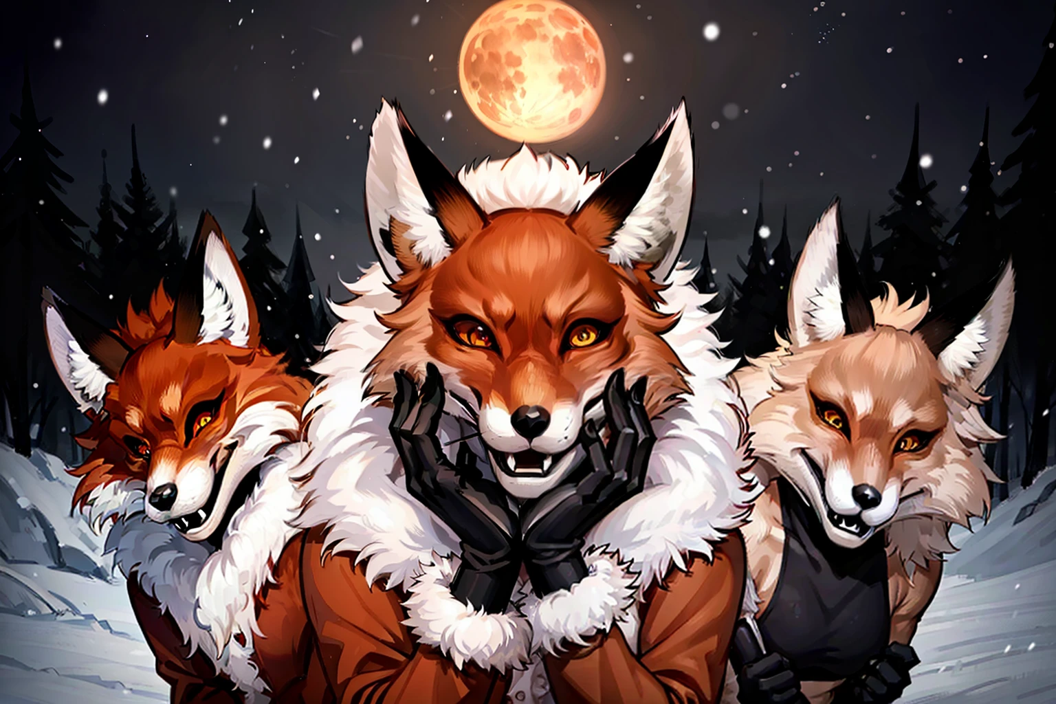 (tmasterpiece), 4k resolution, A highly detailed, portraite of a, (hiquality), evil smile and glowing eyes, Evil grin, trending on artstation pixiv, stunning anime face portrait, detailed digital anime art, digital anime art, 8k wall paper, HDR, 独奏, 1 animal, red fox, 25 years, ((Adult woman)), ((muscular)), pectoral muscles, 独奏, (Furry), ((furry female)), Animal nose, (Fox muzzle), A detailed eye, Very detailed face, Yellow eyes, animal ears, Fox Girl, orange furr, Fox ears, The animal's ear is fluffy, Foxtail, Body fur, open mouth, ((Evil grin)), fangs, (Winter Top), (Winter short skirt ), fur collar, fur-trim, gloves, black gloves, black winter boots, looking a viewer, object \(The Great Red Moon\), Snow-covered forest in the background, Gloomy Forest, night sky, night time, snowing, Kneeling, (hands on breast), (upper-body), very extremely beautiful
