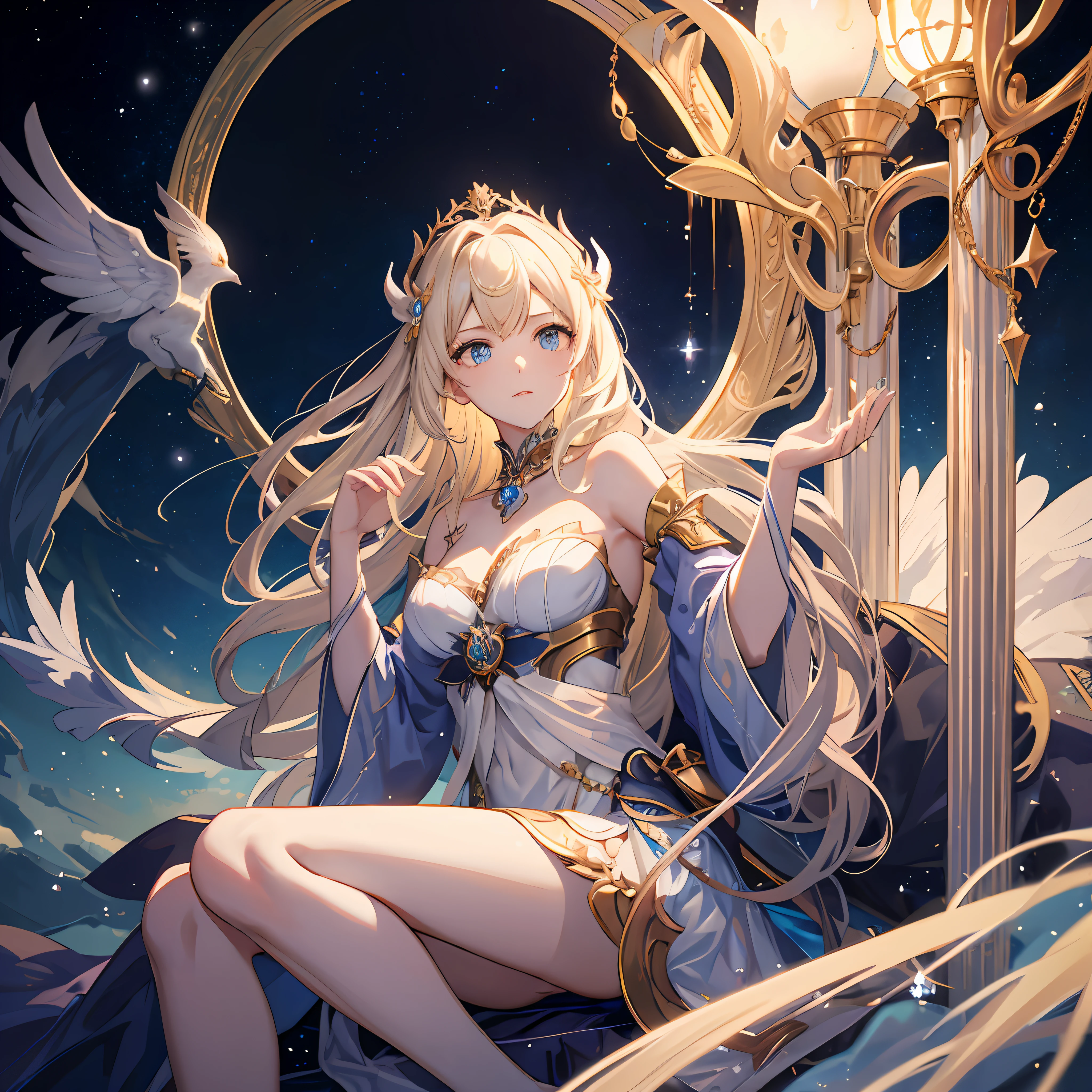 meticuloso、Wonderful、Perfect CG unity 8k wallpaper,High-quality depiction、The colors are pure and elegant,Exceptionally beautiful,Royal Sister,delicated、Dynamic Angle,moisty、Water droplets, Water mist、rays of moonlight、blue color eyes,(Surrounded by colorful lights),Bright blonde hair、Be red in the face,Fair-skinned angel goddess Senyuki,(background starry sky),Delicate facial features,