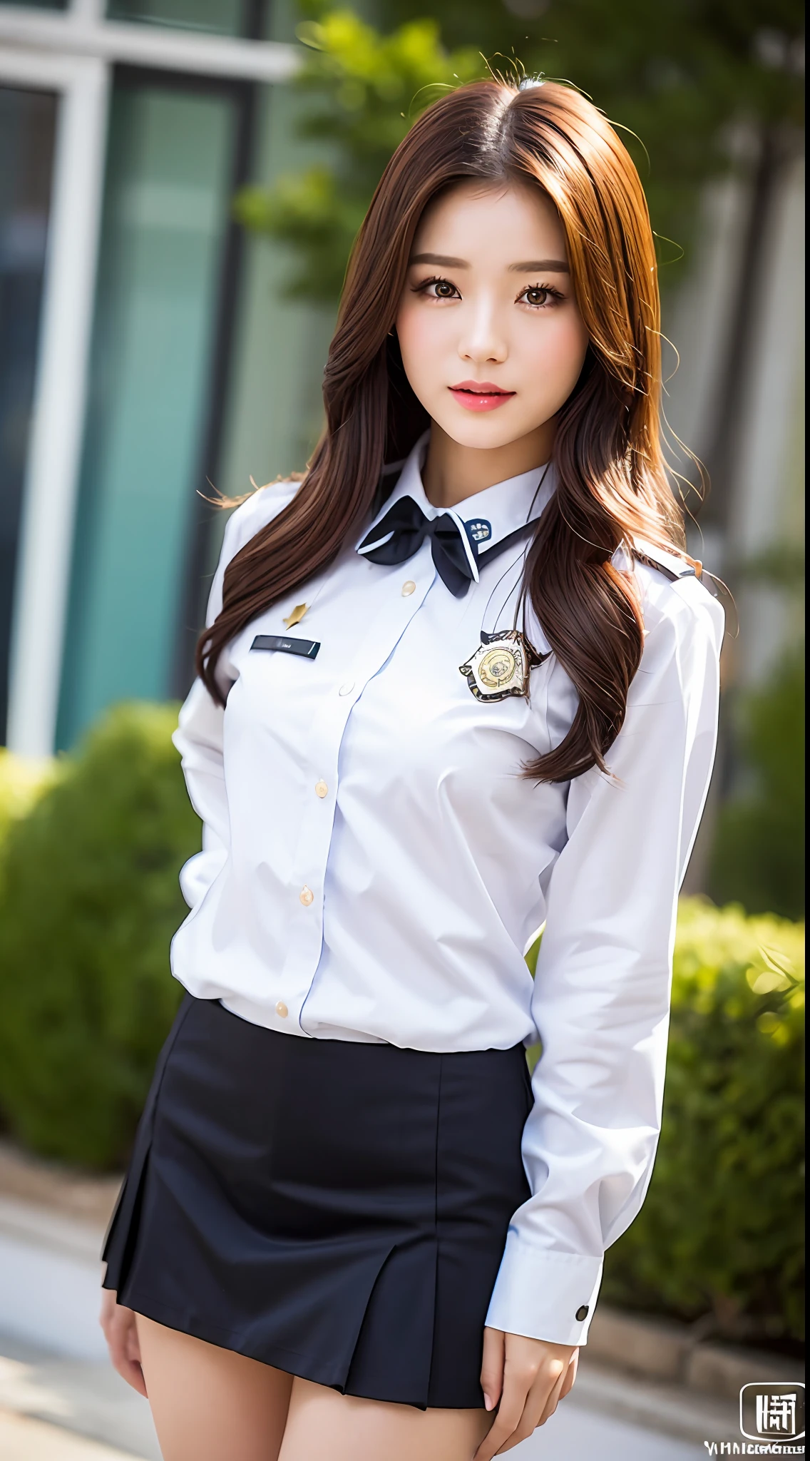 (yinchuan:1.5),, masterpiece, top-quality, Raw foto, Photorealsitic, large full breasts、beautiful and flawless face, Soft smile、20 years girl、校服、Policewoman uniform、depth of fields, hight resolution, ultra-detailliert, finely detail, ighly detailed, extremely detailed eye and face, Sharp pupils,The upper part of the body、a miniskirt