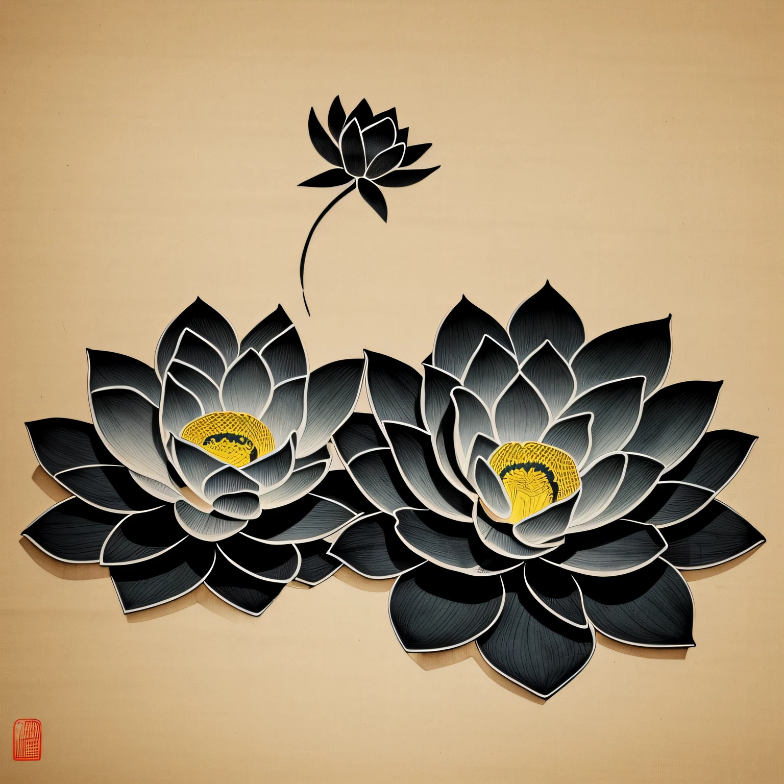 Traditional Chinese painting，water ink，black in color，greys，A lotus flower，Two lotus leaves， --auto