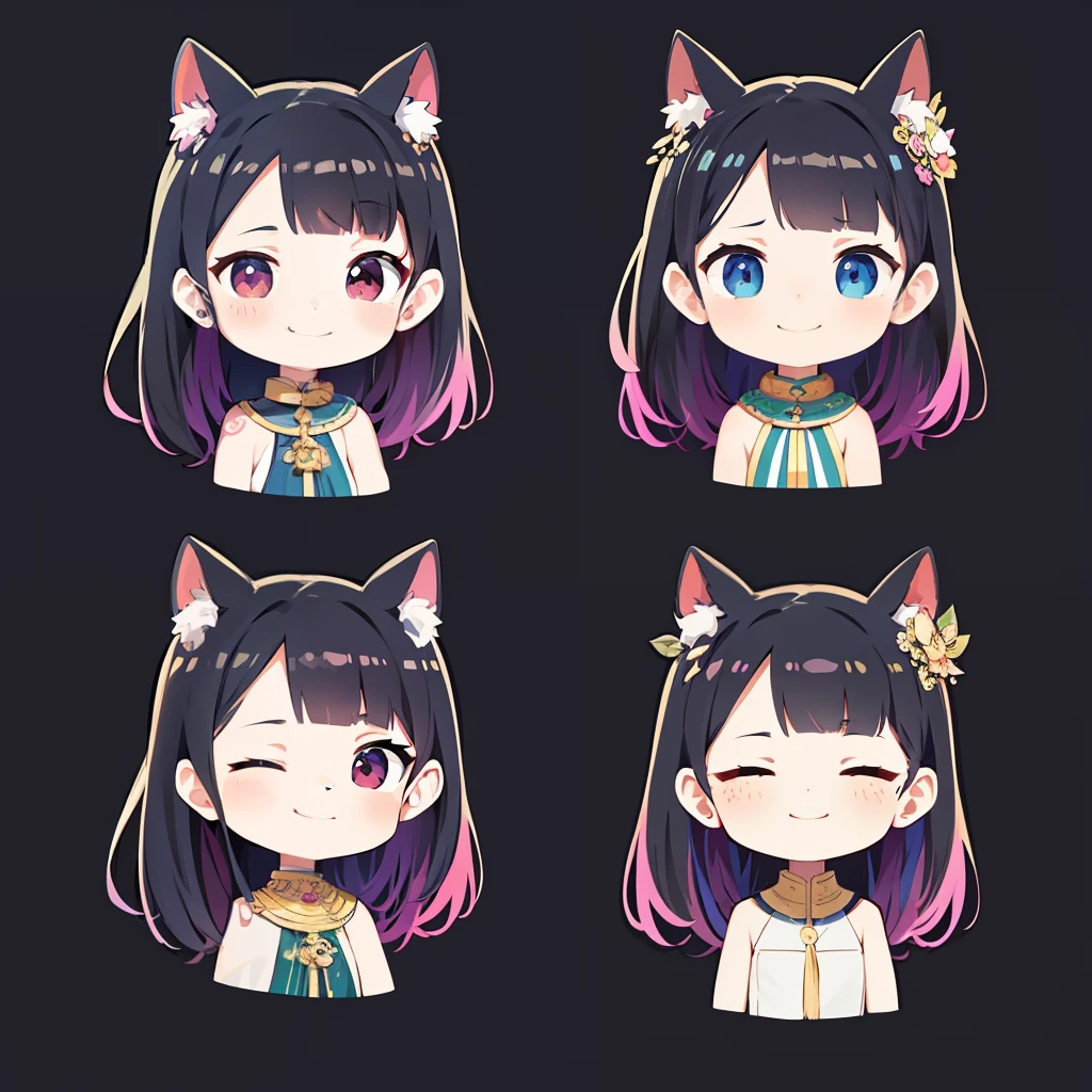 超A high resolution, nffsw, Best aesthetic, Best Quality, masutepiece, Flat Avatar, Perfect litthing、(colourfull、vivd colour: 1.4)、a Dog、Multiple poses and expressions, Has iridescent hair,　is shy, A smile, hair adornments, Chibi, simple background, 耳环, jewely, side locks, large oval eyes,Flat Avatar, A smile, head shot, simple background, A dark-haired,