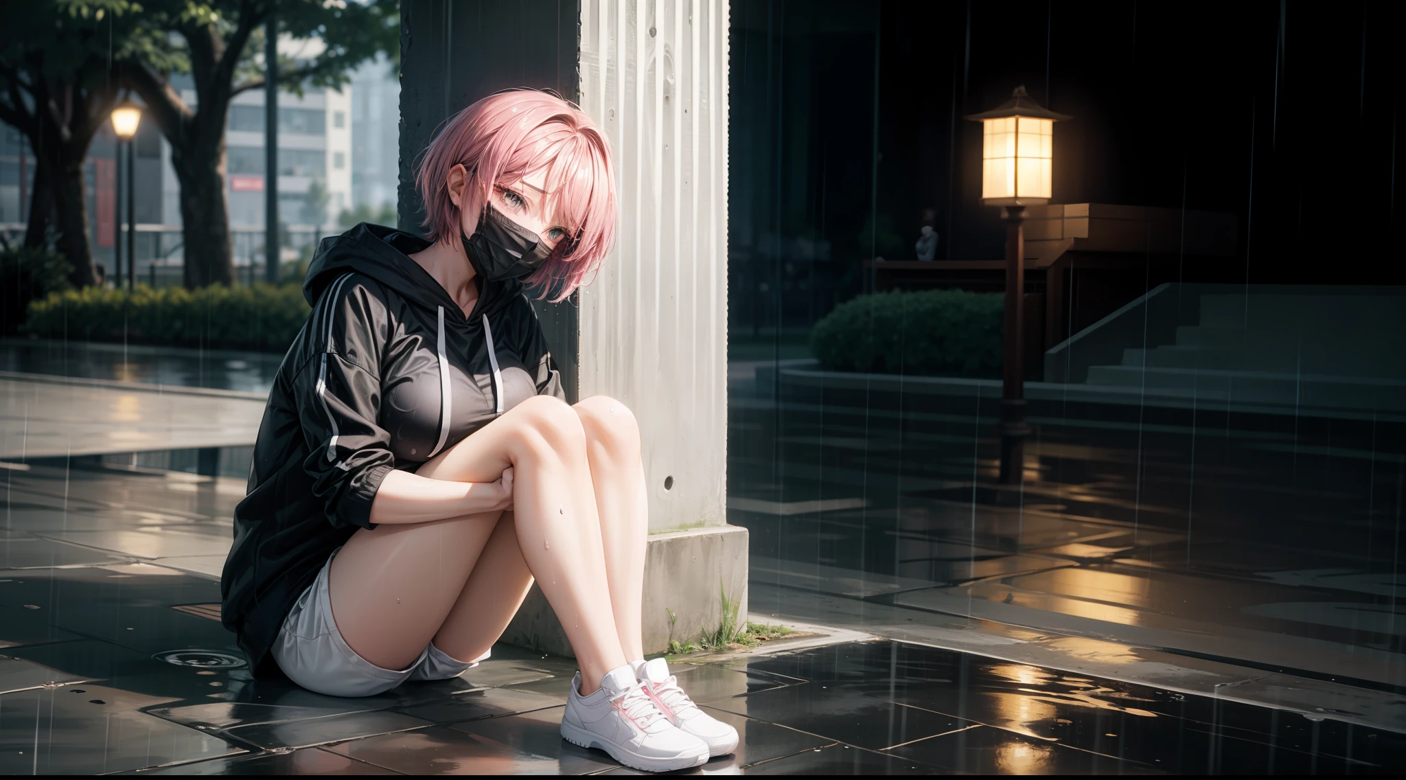 1 beautiful girl with big breast Ted pink hair short hair reen eyes black sport Hoodie white short pants black mask wet (wet chlotes:0.9) real rain sitting pose face looking up full body background on the park smooth shadow lighting from the park lamp