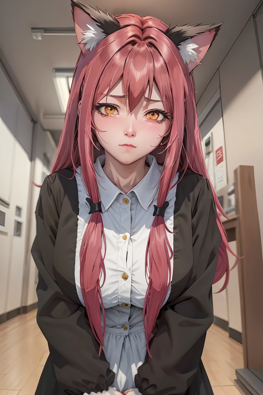black hair, hair bobbles, longeyelashes, solid circle eyes, ear blush, fang, colored inner hair, very long hair, expressive hair, halo, mole under eye, mismatched sclera, mismatched pupils, fake animal ears, tearing up, full blush, tsundere, naughty face, endured face, Surrealism, drop shadow, anaglyph, stereogram, tachi-e, pov, super detail, ccurate, best quality, highres