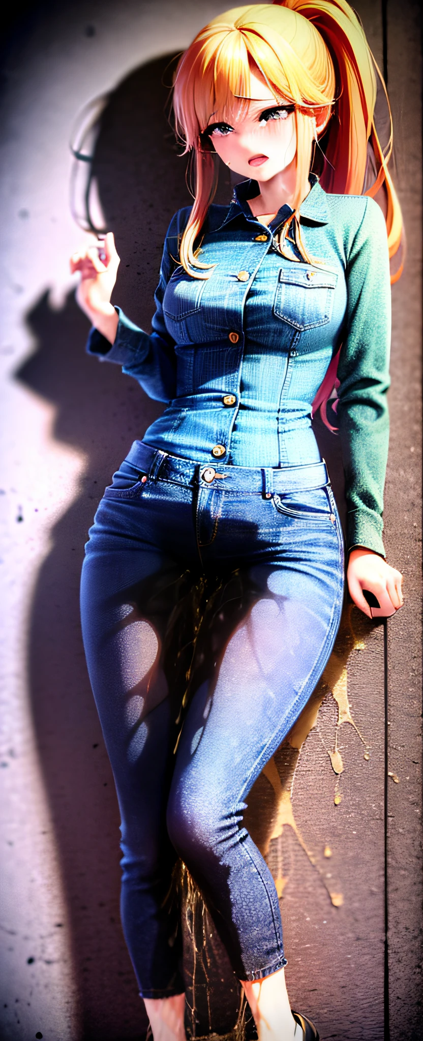 (masterpiece,best quality,high resolution), young Girl, (((dark blue jeans))), ((full body shot)), (none denim shirt), naval, midriff, outdoor, (((((big pee stain))))), blush, worried, open mouth, long hair, ponytail hair, orange hair, pink eyes