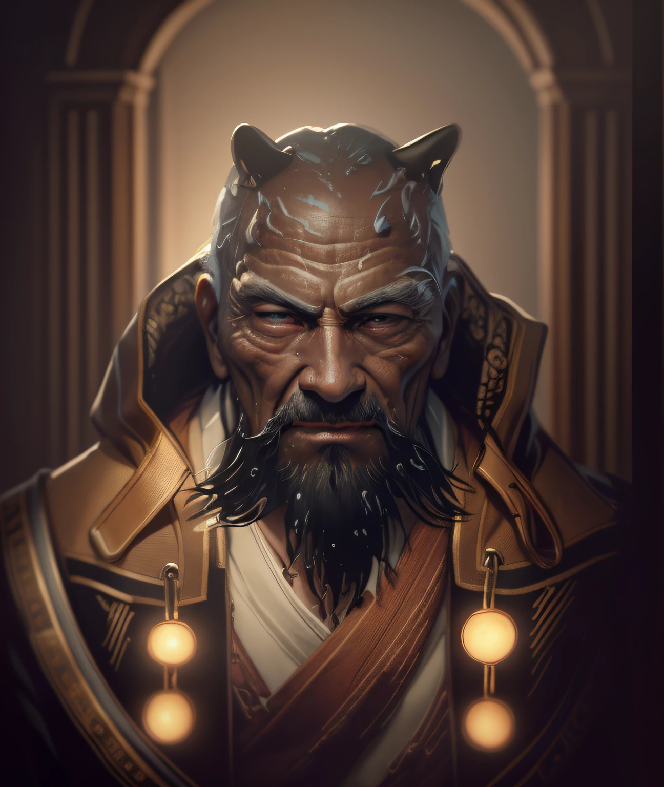 masterpiece, realistic, natural color, ultra details, full color, shallow depth of field, hd, man, old man, (8k, RAW photo:1,2), light, monster face, horn