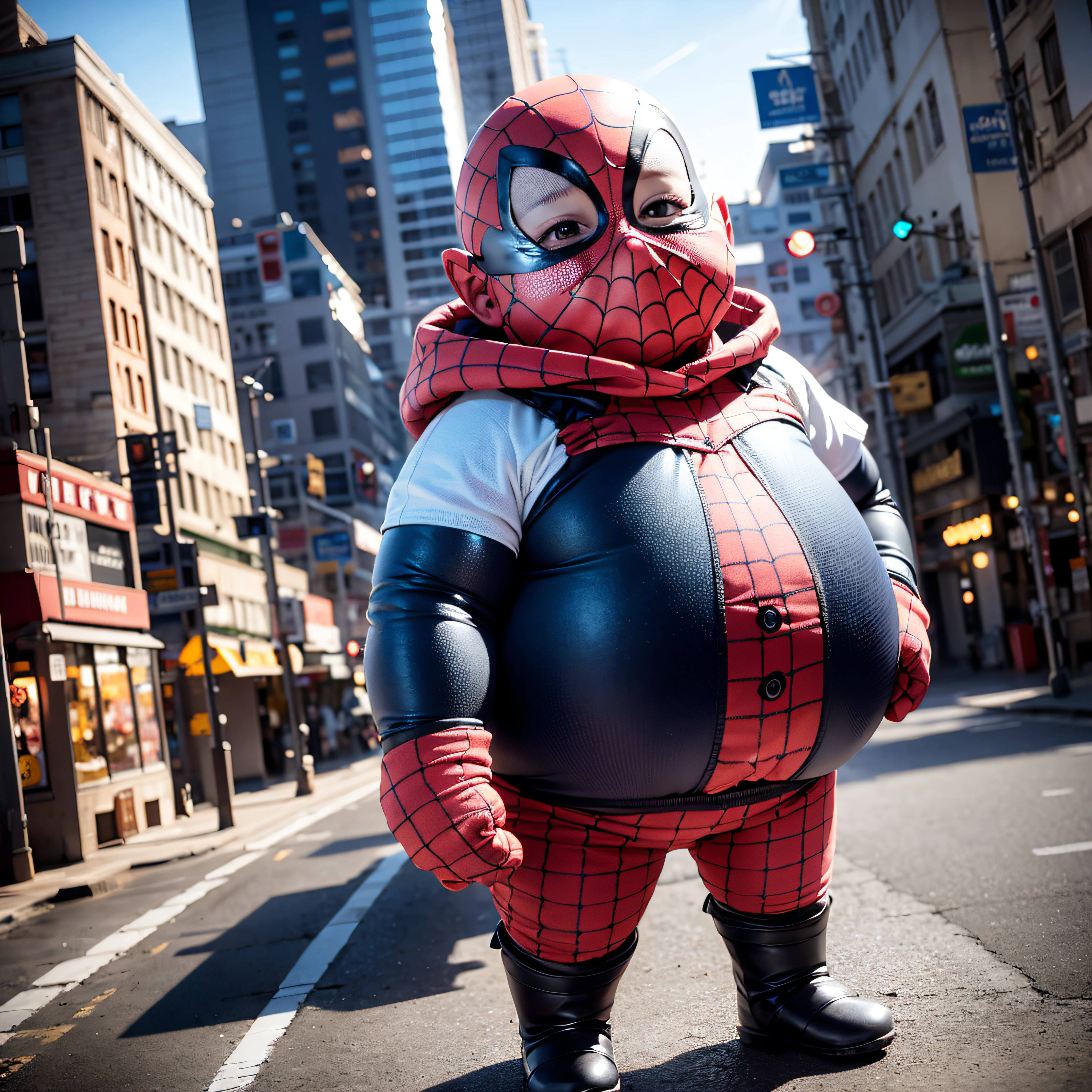 8K，（Extremely detailed Cg Unity 8K wallpapers），Exaggeration，absurderes， 5 year old boy，age 5，Gamine，dwarf，Big fat man，Spherical figure，bald-headed，Glowing bald head，Reflective head，Spider-Man dress up，Spidey，Bokeh background