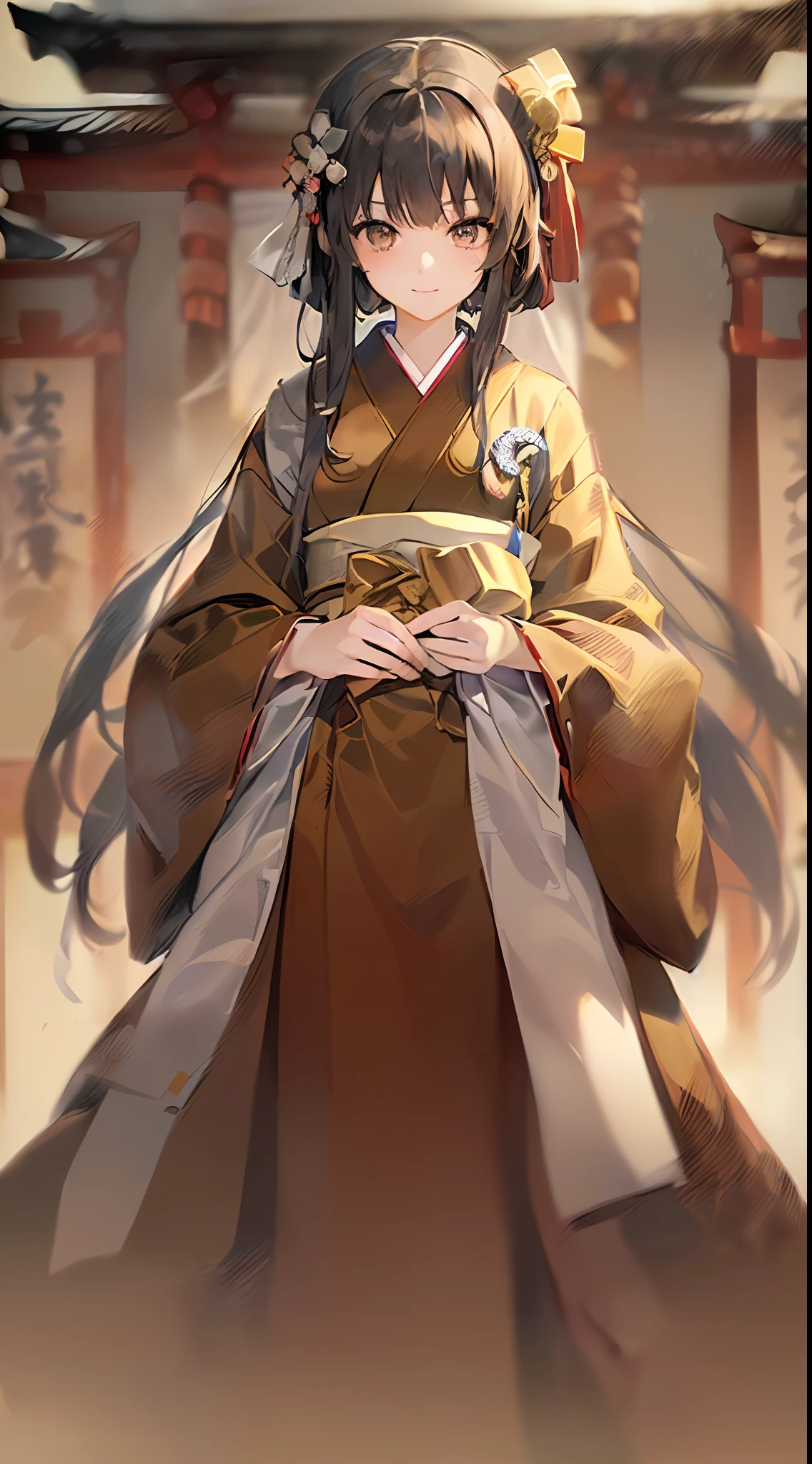 「(8k wallpaper:1.5)、(high-level image quality:1.3)、(animesque, illustratio:1.5)、(girl with、good-looking:1.8)、(beatiful detailed eyes:1.3)、(A slight smil:1.1)、(Hakama、shrine maiden:1.5)、(On stage:1.3)、(sepia, gradients:1.5)」