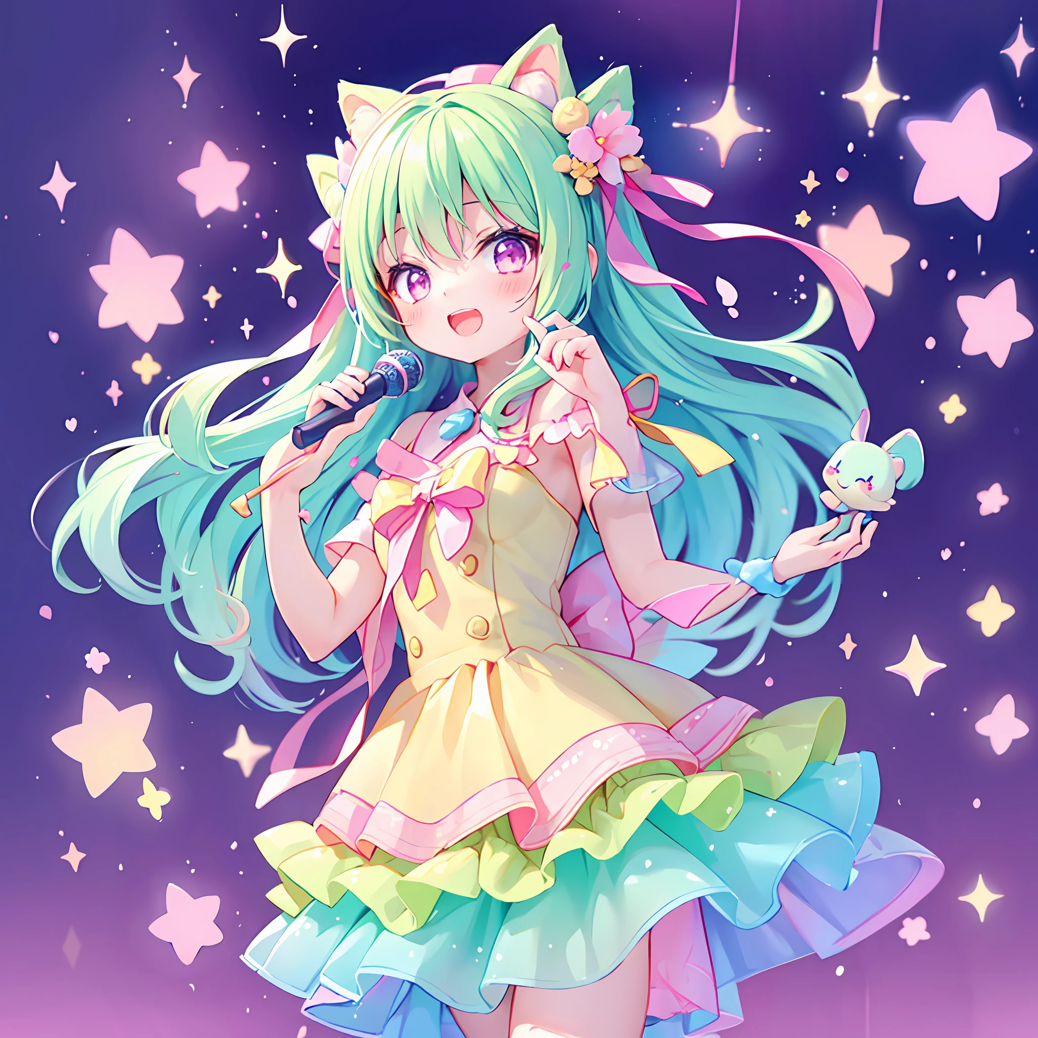 (chibi), idol, singing on the scene, kawaiitech, kawaii, cute, pastel colors, best quality, happy