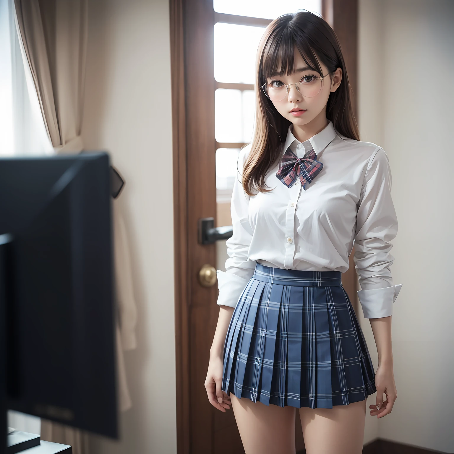 （8K、Raw photography、top-quality、​masterpiece：1.2),a small face,small tits,flat breast,Parting the bangs from the middle、Forehead visible,(Tight eyes,Bullish,skinny,Rasping,irate)、​masterpiece,top-quality、超A high resolution,Raw photo,ren,Beautiful fece,One Person, 独奏,eye glass,,Dark look,Small breasts,fullllbody,Round glasses、cute little、A Japanese Lady,is standing,(Tight eyes,Bullish,skinny,Rasping,irate,small tits,flat breast)、（Photorealsitic：1.37）、Photon mapping,Light blue ribbon,Realistic、Cute little face,Brown-eyed、Black socks、(Red bow tie)、Radio City、Physically Based Rendering、Foreground、depth of fields、Blurry background、a picture,The girls、Body, Long legs, Thin leg, poneyTail,(Bangs are visible), hair, s lips, Blue_The eye, nosesoft,White shirt, Navy blue and white plaid pleated skirt, Sheer clothing,, Thigh, Black cotton socks,Nogizaka Idol, 女優, Japanese ido