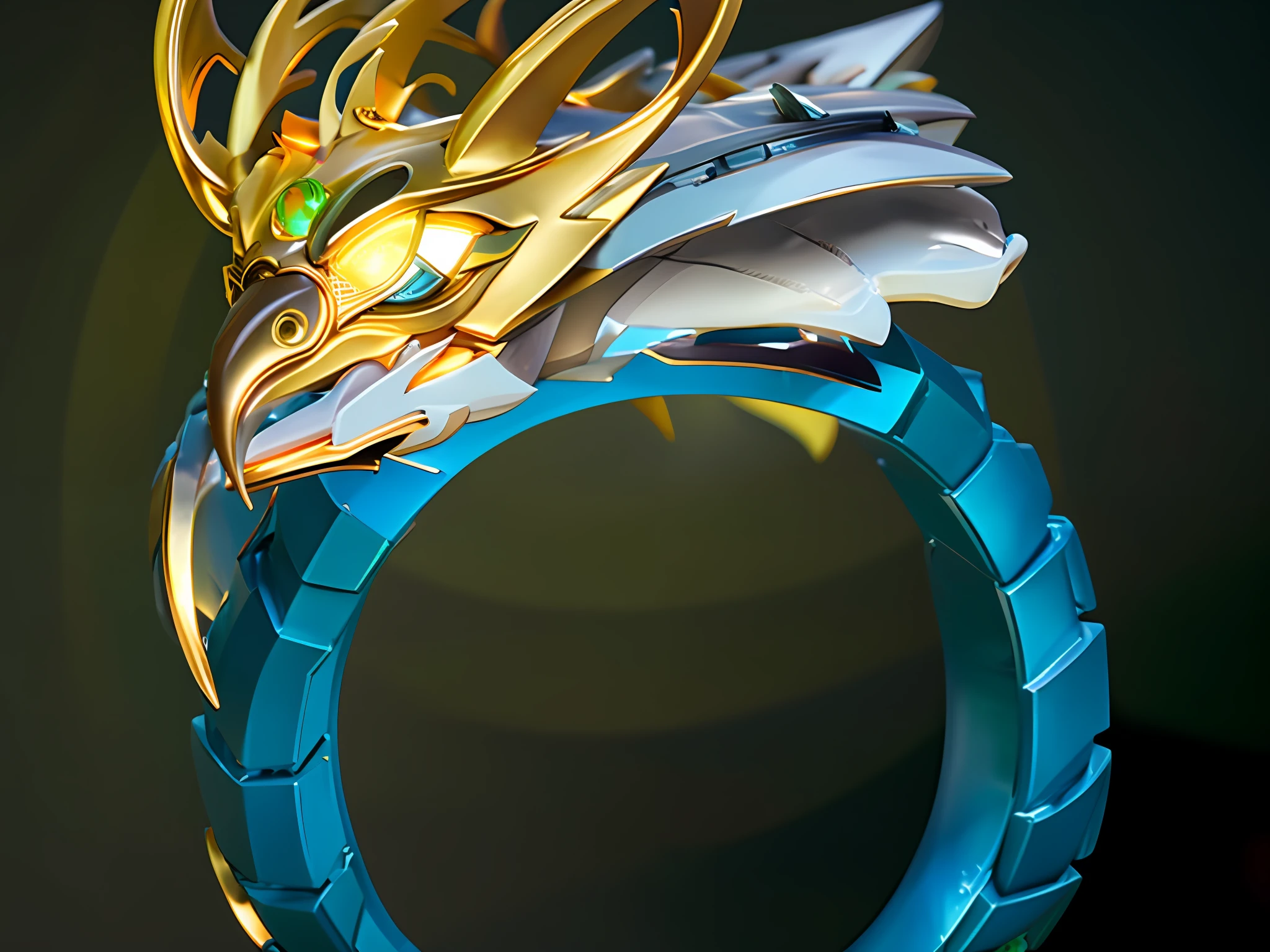 It has a ring with an eagle's head on it, elder ring, ring, inspired by Li Kan, rendered in corona, Portrait of a cyborg dragon, heise jinyao, ring lit, Shot on Canon EOS R 6, Inspired by Huang Shen, sleek mecha female dragon head, from league of legends, Onmyoji detailed art, magic lightning ring, arte renderizada