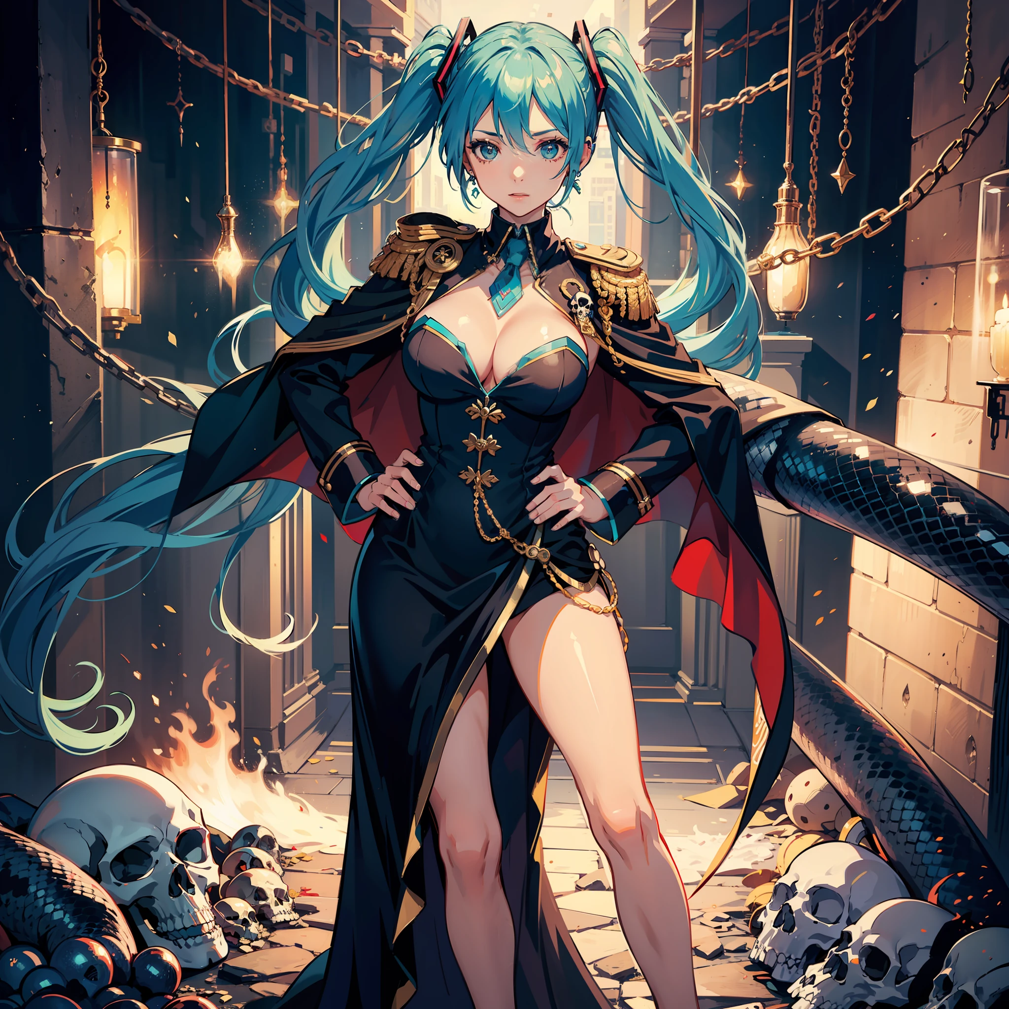 boa,Hatsune Miku,1girll,Long hair,view the viewer,Large breasts,Black hair,dress,cleavage,jewelry,standing,Earrings,Cape,hand on hips,epaulette,skull,Snake,Masterpiece,Royal background
