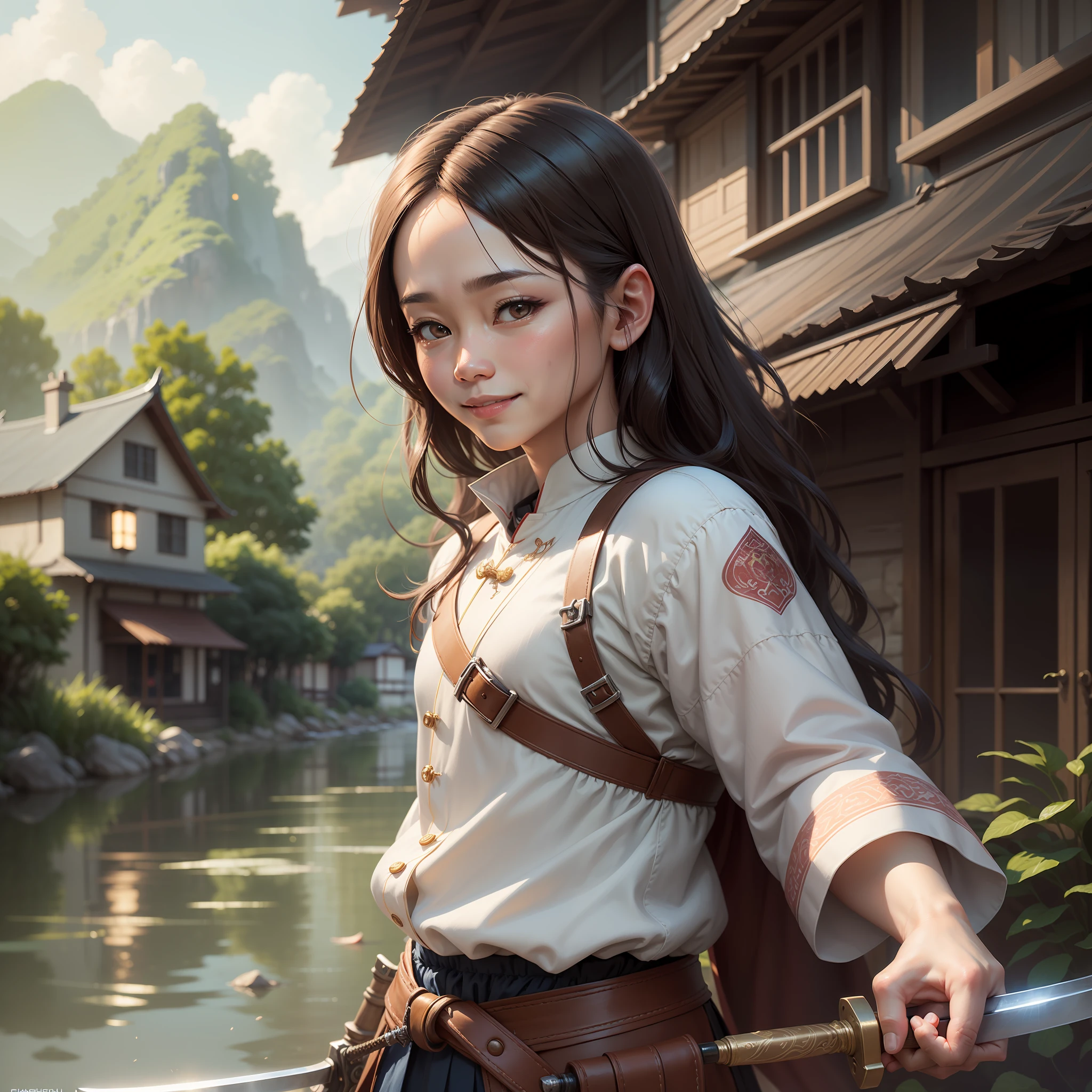 Charachter,cute, little, beautiful, Devian Art, Trending Artstation, Digital Art, Detailed, Cute, Realistic, Humanoid, Character, Tiny,Cinematic Sho,Cinematic Lights,vietnamese, 40 years old man, with sword, vietnamese traditional wearing, long brown hair, smiling, river, house