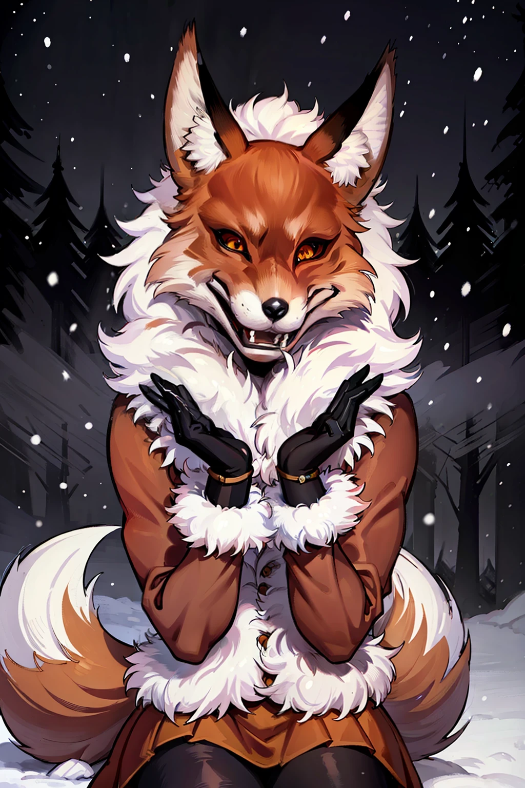 (tmasterpiece), 4k resolution, A highly detailed, portraite of a, (hiquality), evil smile and glowing eyes, Evil grin, trending on artstation pixiv, stunning anime face portrait, detailed digital anime art, digital anime art, 8k wall paper, HDR, 独奏, 1 animal, red fox, 25 years, ((Adult woman)), ((muscular)), pectoral muscles, 独奏, (Furry), ((furry female)), Animal nose, (Fox muzzle), A detailed eye, Very detailed face, Yellow eyes, animal ears, Fox Girl, orange furr, Fox ears, The animal's ear is fluffy, Foxtail, Body fur, open mouth, ((Evil grin)), fangs, (Winter Top), (Winter short skirt ), fur collar, fur-trim, gloves, black gloves, black winter boots, looking a viewer, object \(The Great Red Moon\), Snow-covered forest in the background, Gloomy Forest, night sky, night time, snowing, Kneeling, (hands on breast), (upper-body), very extremely beautiful