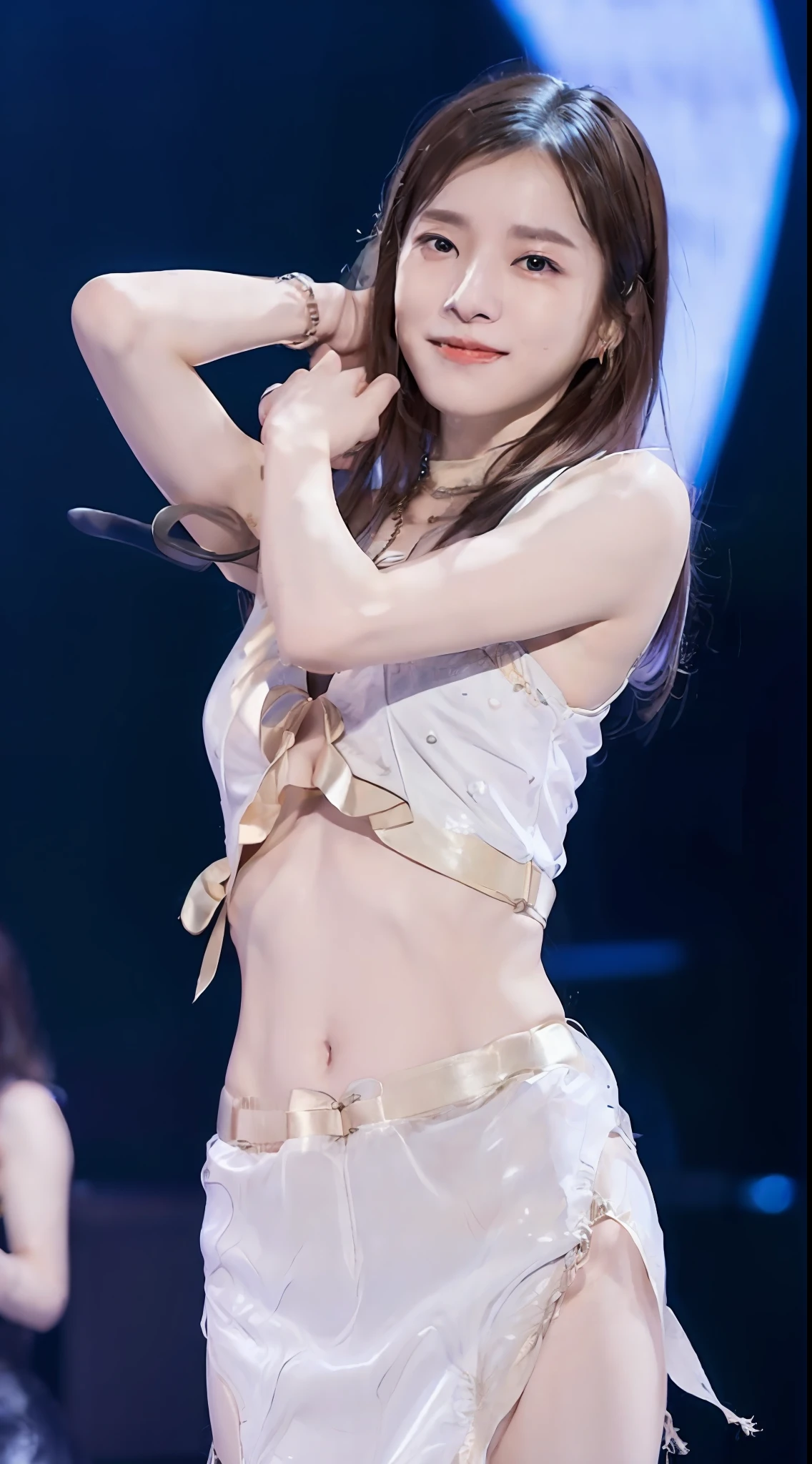 1 girl in(8K、Raw photography、top-quality、masterpiece:1.2)、(realisitic、realisitic:1.37)、ultra-detailliert、FULL BODYSHOT、Popular singers in the spotlight on stage、Live performance venue、Stand Microphone、(((Sexy outfits with less fabric)))、realistic eyes and face details、natural skin textures、Dark eyebrows、Armpit、decolletage、cleavage of the breast、(((thighs thighs thighs thighs、pubick hair、happy trail、a navel、abdominals)))、Fair skin、A detailed face、真实感、Realistic background、Realistic lighting、sexypose、Sweaty skin