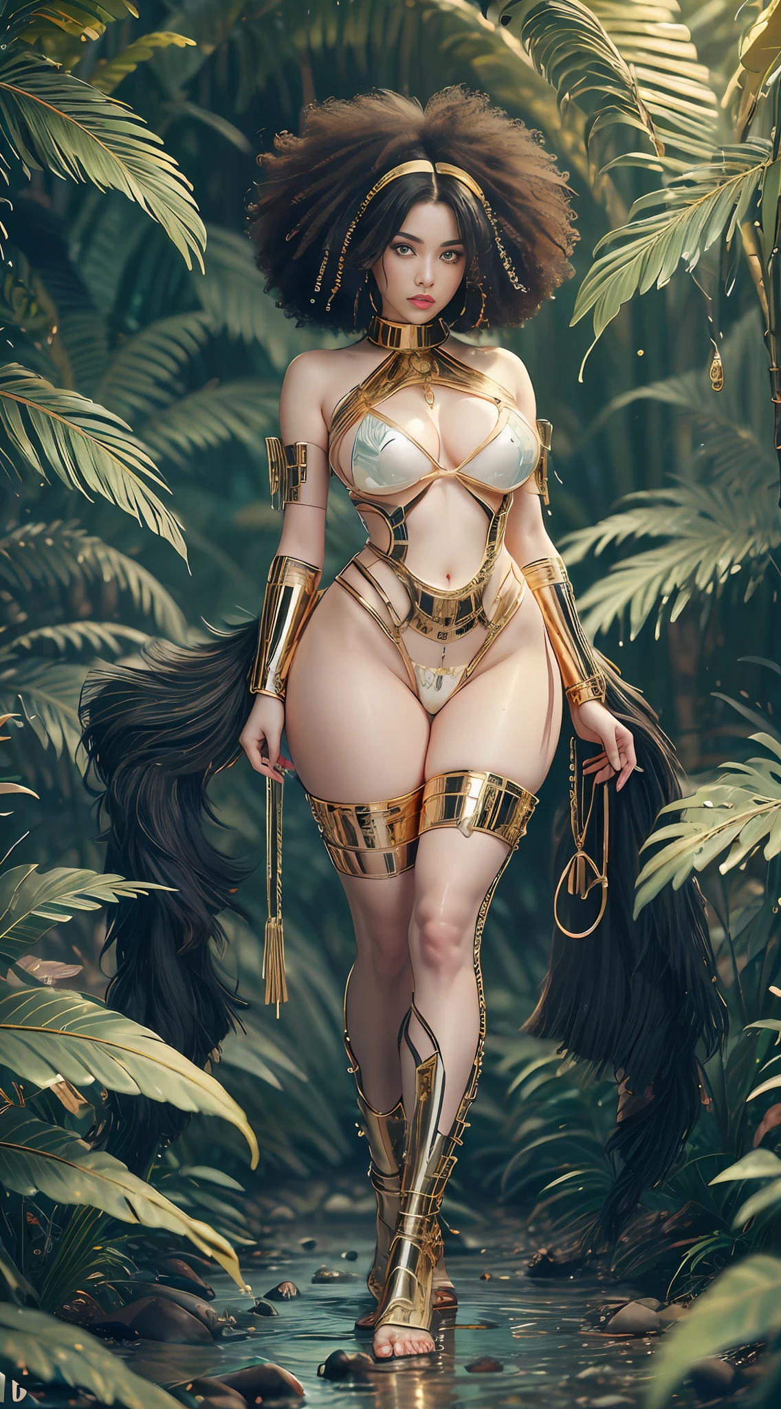 ((full body shot)), woman wearing only gold jewelry, Woman only in gold metal jewelry in the jungle, Highly Detailed Face and Skin Texture, ((white skin)) big green eyes, slim face, juicy lips, bimbo lips, big bimbo puffy breast, metal gold niples covers ((afro curly Black hair)), pale skin,slim figure, long legs, Perfect feet, greek feet, tiny feet, perfect toes, Detailed Eyes, Double Eyelids, cyberpunk gold metal jewelry BDSM, gold metal cyberpunk tapes on body, metal Collar, metal gold futuristic tiny jewelry t-strings, (no panties), metal stickini, full metal clothes, gold body jewelry, wet skin. White skin, she is in Wilde dark jungle with big trees. masterpiece