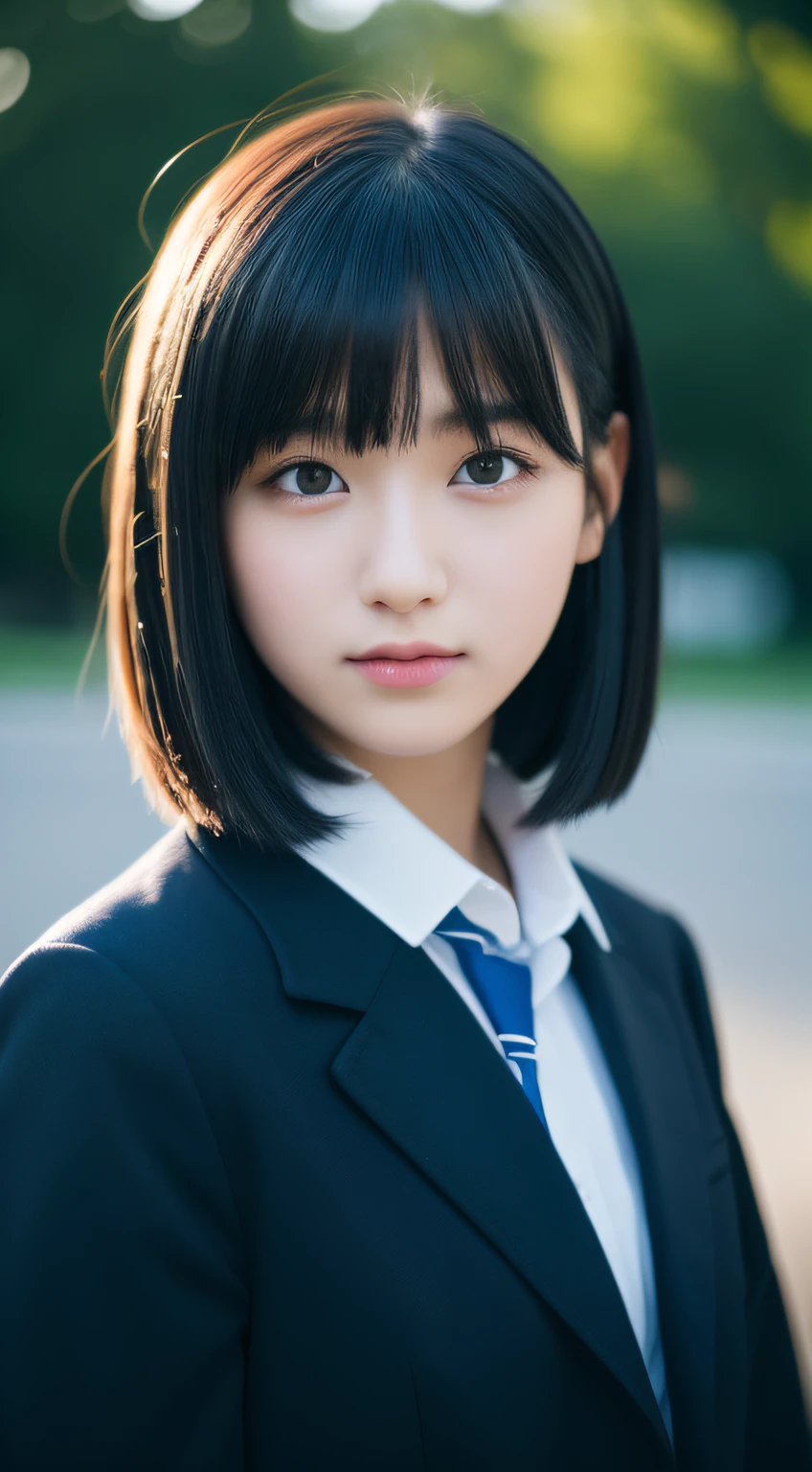 1 girl, Black hair, hair behind ear, Bangs, Colored inner hair, depth of fields, One-person viewpoint, F/1.8, 135 mm, NIKON, nffsw, retinas, masutepiece, ccurate, ccurate, Anatomically correct, Super Detail, Textured skin, high details, High quality, Best Quality, hight resolution, 1080p, hard disk, 4K, 8K, School uniform