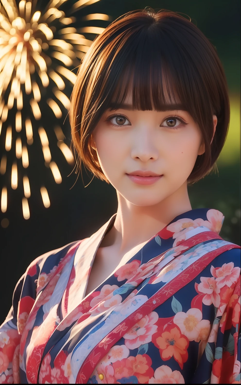 ((masterpiece、top-quality、ultra-definition、hight resolution))、独奏、a beauty girl、radiant eyes、perfect eyes、Japan's beautiful sister、Short-cut hairstyles、Yukata with red floral pattern、Fireworks in the background、high-level image quality、4K.