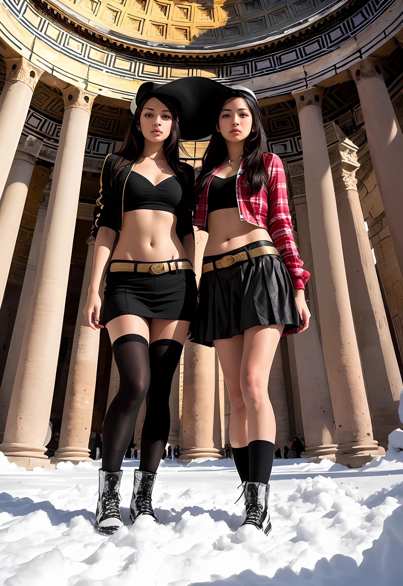 (Positive focus),2girls,duo,navel,(At the Pantheon in Rome,crowd,winter,Snowy),Surrealistic Female Portraits by David Hockney and Alphonse Mucha,Fantasy art,photograph realistic, Dynamic lighting,art stations,poster for,Volumetriclighting,Very detailed faces,4K,Award-Awarded,Fantastic costumes,Deep shadows,low tune,cowboy lens, (official outfit:1.4), looking at the camera in, Half-body shot,((Realistic face))),