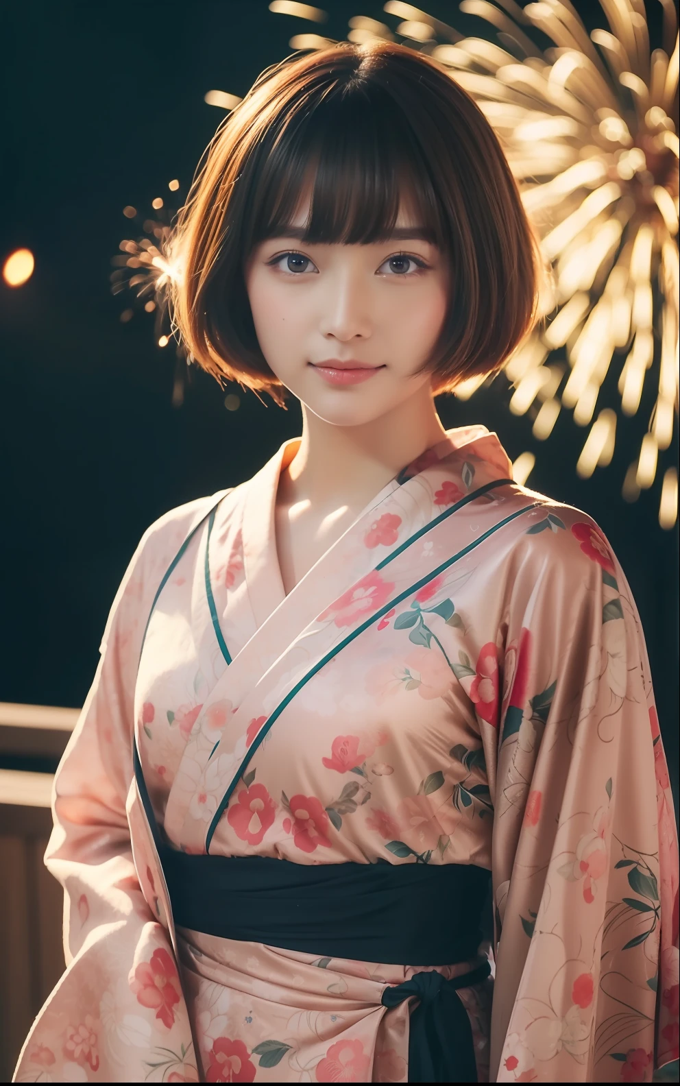 ((​masterpiece、top-quality、ultra-definition、hight resolution))、独奏、a beauty girl、radiant eyes、perfect  eyes、Japan's beautiful sister、Short-cut hairstyles、Yukata with red floral pattern、Fireworks in the background、high-level image quality、4K.