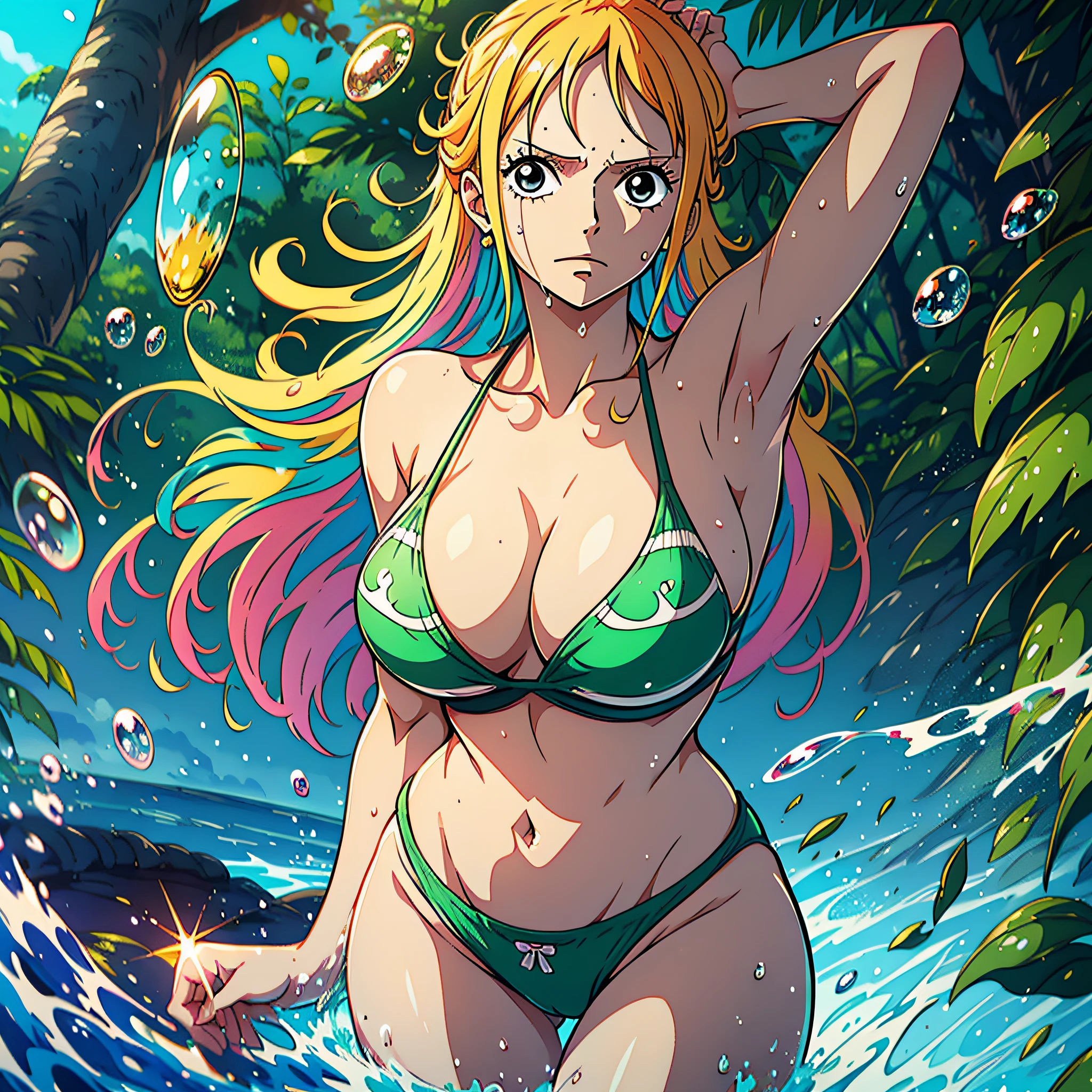 nami from one piece oiled up in a tight bikini in a rainforest, (anime), (wet body), (masterpiece), (best quality), (ultra detailed), (disheveled hair), (1girl), standing,looking at viewer, beautiful detailed eyes, delicate beautiful face, (high saturation), (colorful splashes), colorful bubble, (shining), floating hairs, (shining), best lighting, best shadow