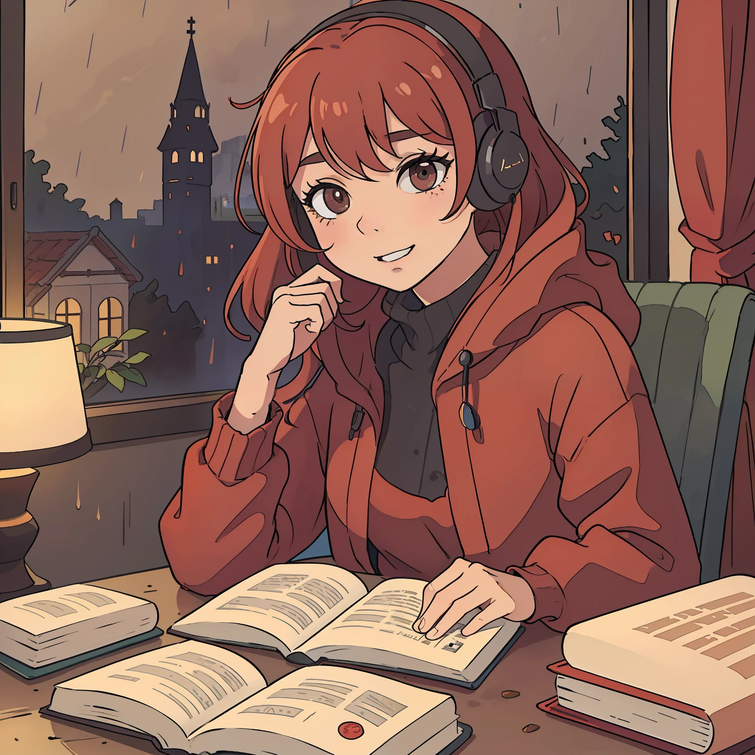 garota estudando, livro, Feliz, Listening to music, the day is cold and rainy, use tons de marron e vermelho