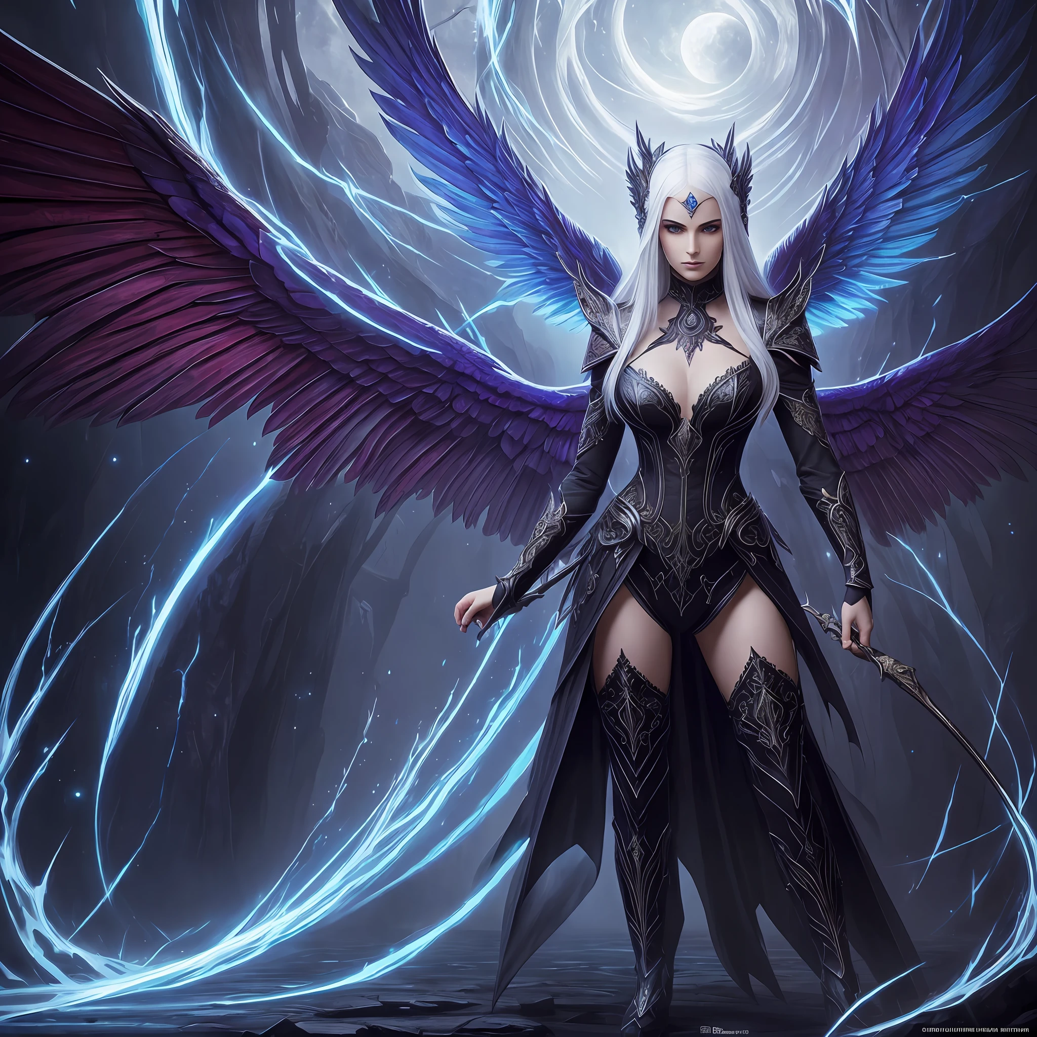 (((fullbody))) Behold the crimson- blue safiro wings woman angel woman with white hair, full body, piercing crimson eyes, and pale skin standing amidst the twilight. Every detail of this mythical creature has been captured in extreme quality, from the tattooed bodies to the ultra-detailed face, all rendered in ultra HD 8k digital art with unmatched precision and digitality. The dark lightning that surrounds this magnificent being adds to the sense of awe and wonder. This is not just any digital art portrait, but a concept art masterpiece by Greg Rutkowski, also known as artgerm, renowned for his hyperdetailed and intricately detailed gothic art style. The use of triadic colours adds to the fantastical and otherworldly nature of the piece, with intricate details that make it a true splash screen. The complementary colours and intricate details make this fantasy concept art a gothic --auto