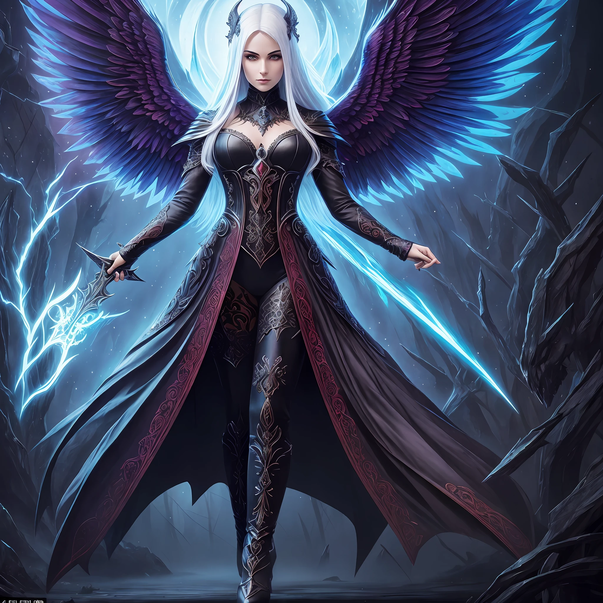 (((fullbody))) Behold the crimson- blue safiro wings woman angel woman with white hair, full body, piercing crimson eyes, and pale skin standing amidst the twilight. Every detail of this mythical creature has been captured in extreme quality, from the tattooed bodies to the ultra-detailed face, all rendered in ultra HD 8k digital art with unmatched precision and digitality. The dark lightning that surrounds this magnificent being adds to the sense of awe and wonder. This is not just any digital art portrait, but a concept art masterpiece by Greg Rutkowski, also known as artgerm, renowned for his hyperdetailed and intricately detailed gothic art style. The use of triadic colours adds to the fantastical and otherworldly nature of the piece, with intricate details that make it a true splash screen. The complementary colours and intricate details make this fantasy concept art a gothic --auto
