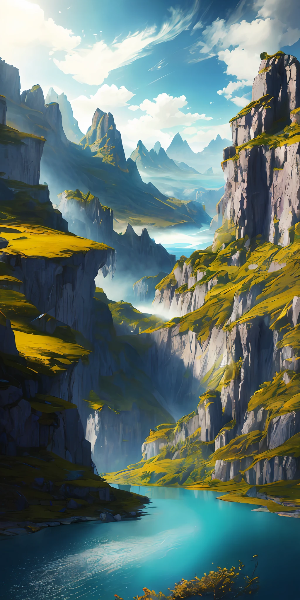 masterpiece, best quality, high quality, extremely detailed CG unity 8k wallpaper, scenery, outdoors, sky, cloud, day, no humans, mountain, landscape, water, tree, blue sky, waterfall, cliff, nature, lake, river, cloudy sky,award winning photography, Bokeh, Depth of Field, HDR, bloom, Chromatic Aberration ,Photorealistic,extremely detailed, trending on artstation, trending on CGsociety, Intricate, High Detail, dramatic, art by midjourney
