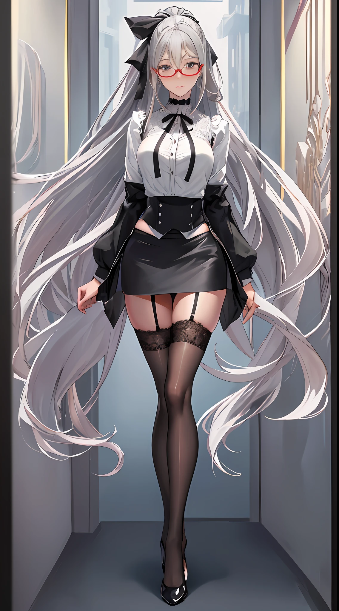 （（（best qualtiy）））， （（ultra - detailed））， （At the office）， （highly detailed CGillustration）， （（Very fine and beautiful）），Mature and beautiful，flustered, full blush, view the viewer，Ultra-detailed CG，Exquisite facial features，Clear facial expressions，Detailed digital anime art，Digital anime art，High quality anime art style, (Masterpiece), Best quality, Perfect face, ((1girll)), Mature woman, Leaning forward, ((Very long gray hair:1.5)), High ponytail, extremely giant breasts, Hanging breasts, cleavage, Narrow waist, ((ribbon:1.2)), Wearing glasses, ((Superskirt:1.5)), choker necklace, Very small shirt, Transparent shirt, ((White skirt:1.2)), ((The skirt was blown away)), ((Mini tight skirt: 1.5)), ((full body:1.5)), High heels, Garters, ((Lace stockings:1.2)), ((Long and slender legs)), Beautiful legs,Erotic,Seductive pose, ((show underwear, Show panties:1.2))，accidental exposure, Expose breasts,((standing:1.2)), (Open legs:1.2), ((Front Shooting)), Slender figure，（flightattendantuniform:1.5）,up front view， mini-skirts， thermography， Red skirt，waist-up