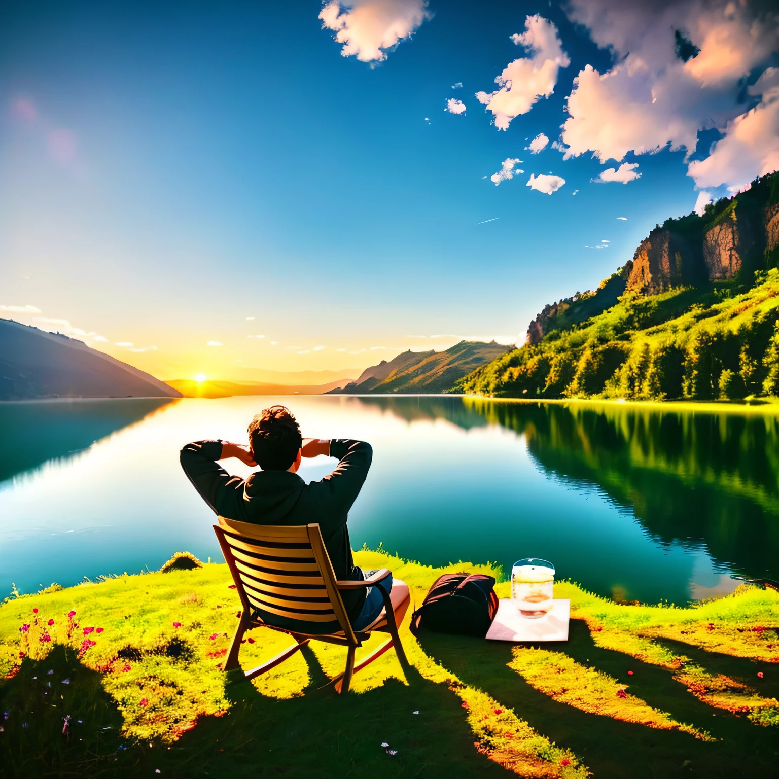 There was a man sitting in a chair on the mountain,Overlooking the lake, sentado em frente a um lago, chill time. Good view, lonely scenery yet peaceful!!, perto de um lago, by Muggur, sittinng on the river, stunning nature in background, epic scenic shot, Beautiful place, Beautiful environment, in a scenic environment, sitting relax and happy --auto