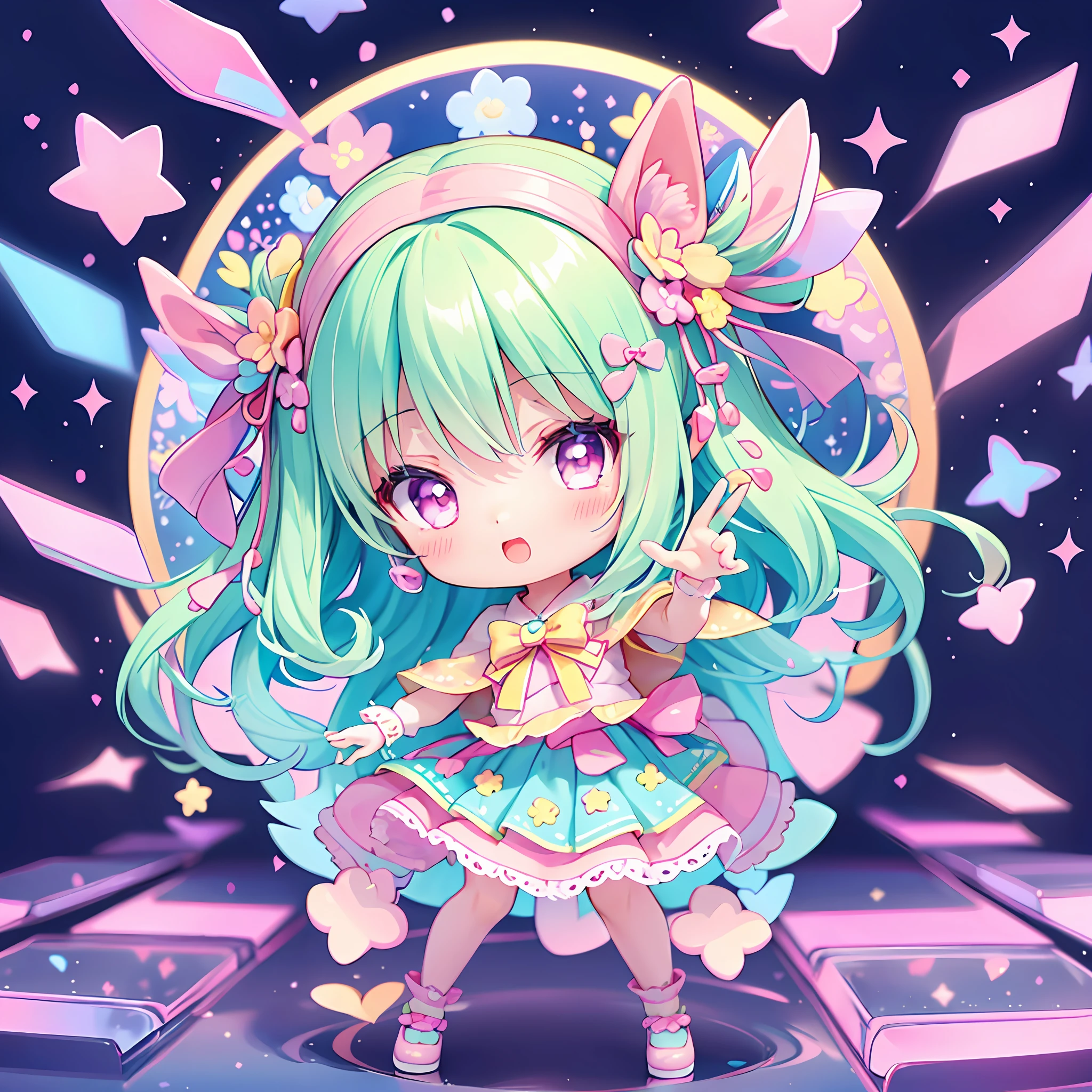 (chibi), idol, singing on the scene, kawaiitech, kawaii, cute, pastel colors, best quality, happy