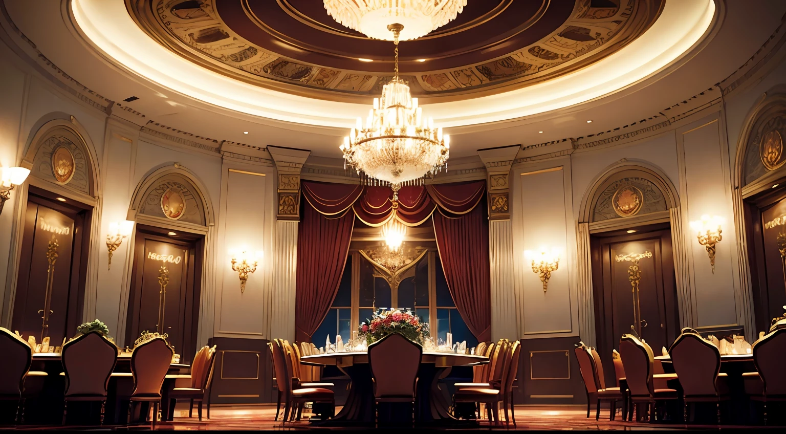 Casino Royale,Las vegas,inside a casino,There are chairs around the table,casino-hall,dim murky lights,Exquisite European court patterns,European court decoration --auto