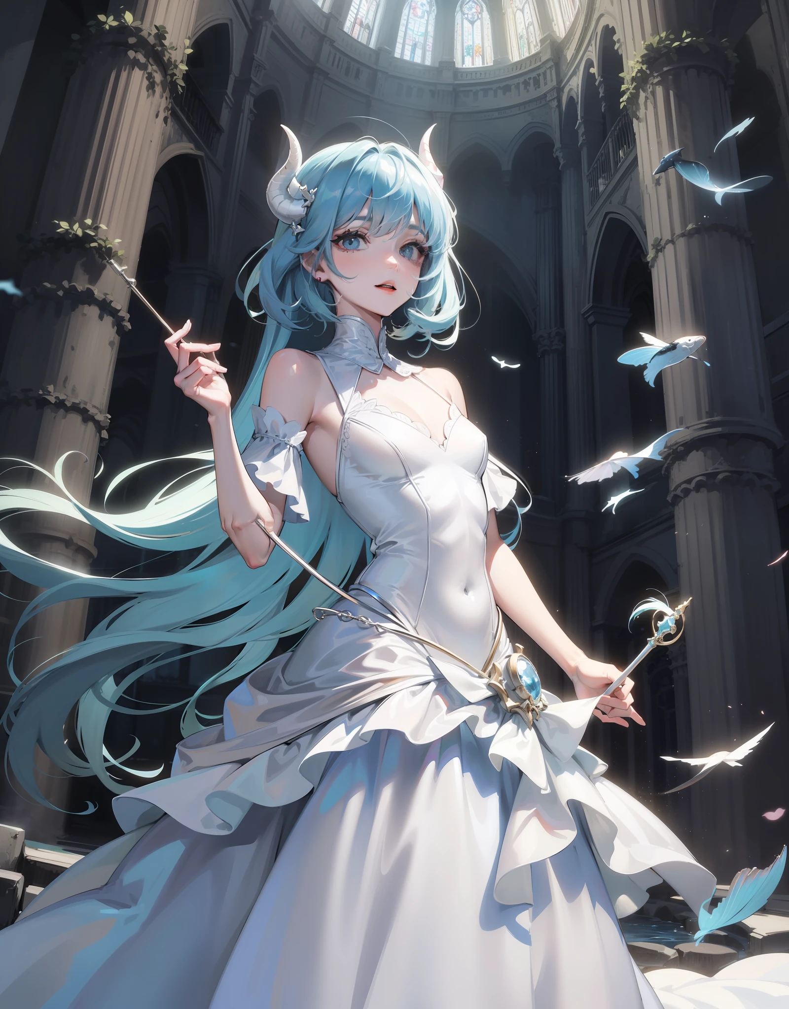 A girl with extremely long light blue hair with white demon horns and small with a long, Seductive white ball gown in front of an abandoned cathedral filled with water and fish. Peito grande e enorme que mal cabem no vestido, chuva em plena noite estrelada.