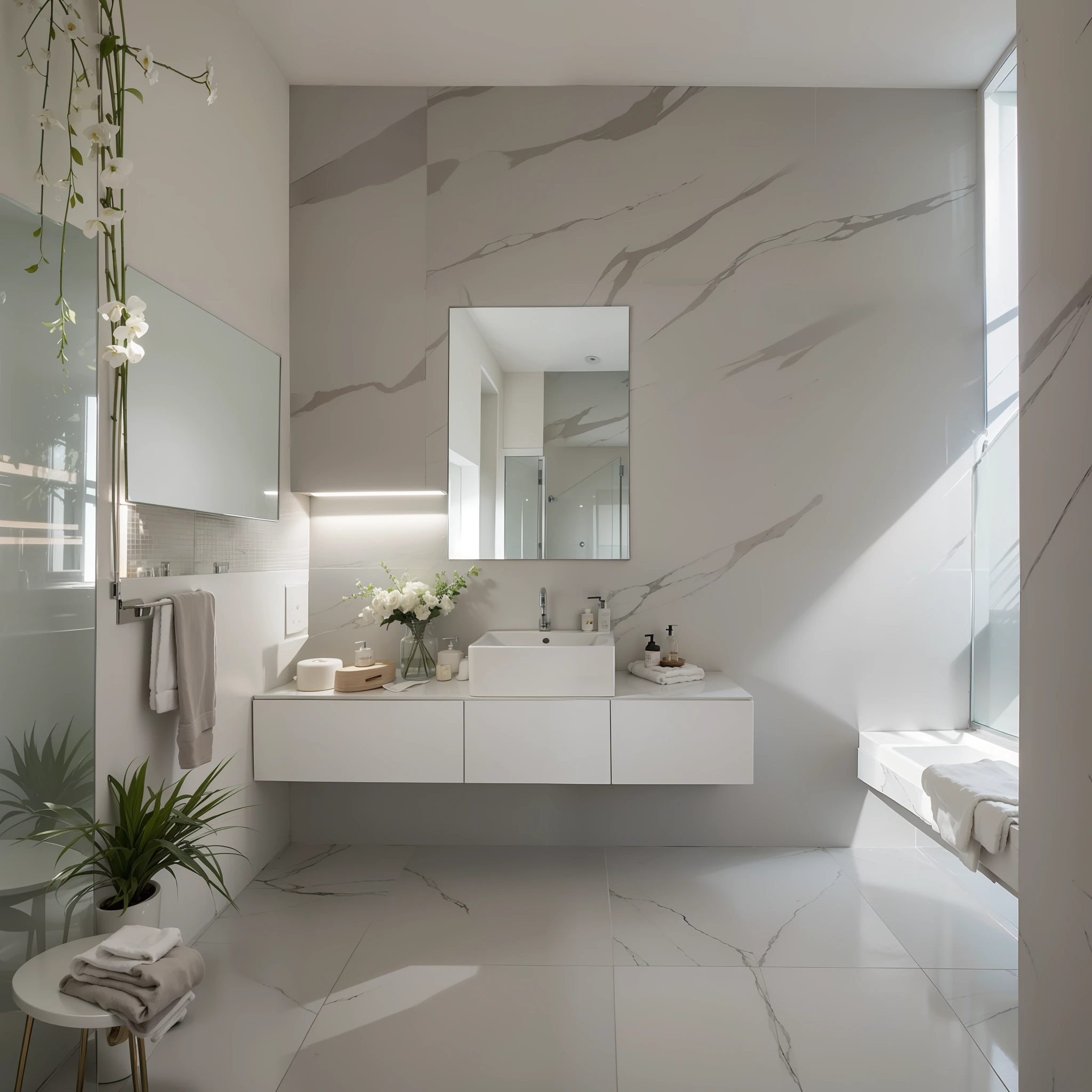 Designing a high-luxury minimalist bathroom is a combination of sophisticated simplicity and high-quality materials. Here are some ideas to create a luxurious environment with a minimalist touch:
1. **Cores neutras e nobres**: Opte por cores neutras e elegantes, como branco, marfim, Cinza claro, bege ou tons de pedra. O minimalismo enfatiza a paz e a serenidade, while neutral colors give a touch of sophistication.
2. **High standard coatings**: Escolha revestimentos de alta qualidade, as marmore, pedra natural, Luxury porcelain tiles or coatings in subtle patterns. Smooth and polished surfaces reflect the elegance of minimalism.
3. **Elegant lighting**: Invest in elegantly designed light fixtures and soft lights to create a warm and relaxing atmosphere. Built-in light fixtures and LEDs can improve bathroom details.
4. **Modern furniture and accessories**: Opt for minimalist furniture and high-quality accessories. Pias, torneiras, Mirrors and towel racks with elegant and modern design give a luxurious touch to the space.
5. **Banheira e chuveiro de luxo**: If space allows, A high-quality freestanding bathtub is an excellent addition to the luxurious bathroom. Para o chuveiro, Consider installing a spacious, cabine de vidro moderna.
6. **Armazenamento discreto**: Integre o armazenamento ao design, opting for built-in cabinets or wall cabinets with no visible handles to keep the look clean and unobstructed.
7. **elementos naturais**: Inclua elementos naturais, como plantas ou uma parede verde, to bring an organic touch to the luxurious and minimalist environment.
8. **Toques de luxo**: Detalhes luxuosos, como torneiras douradas, High quality bathroom accessories and soft towels, can raise the level of sophistication of the bathroom.
9. **Relaxation space**: If there is enough space, Consider creating a relaxation area with a small bench or comfortable armchair, onde os moradores possam relaxar.