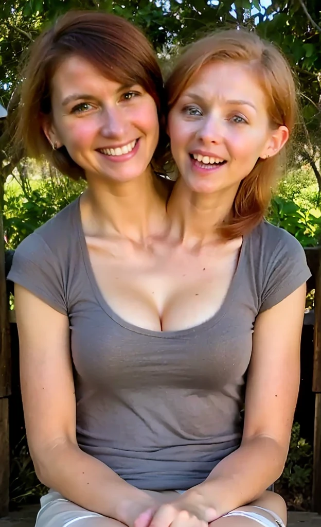 2heads, two headed girl, (mom and daughter:1.5), (one torso:1.5), (female:1.5), (redhead:1.4), (ager:1.4), (caucasian:1.5), (two heads on one body:1.4), conjoined twins, heads side by side, one torso, young, uncomfortable, barefoot