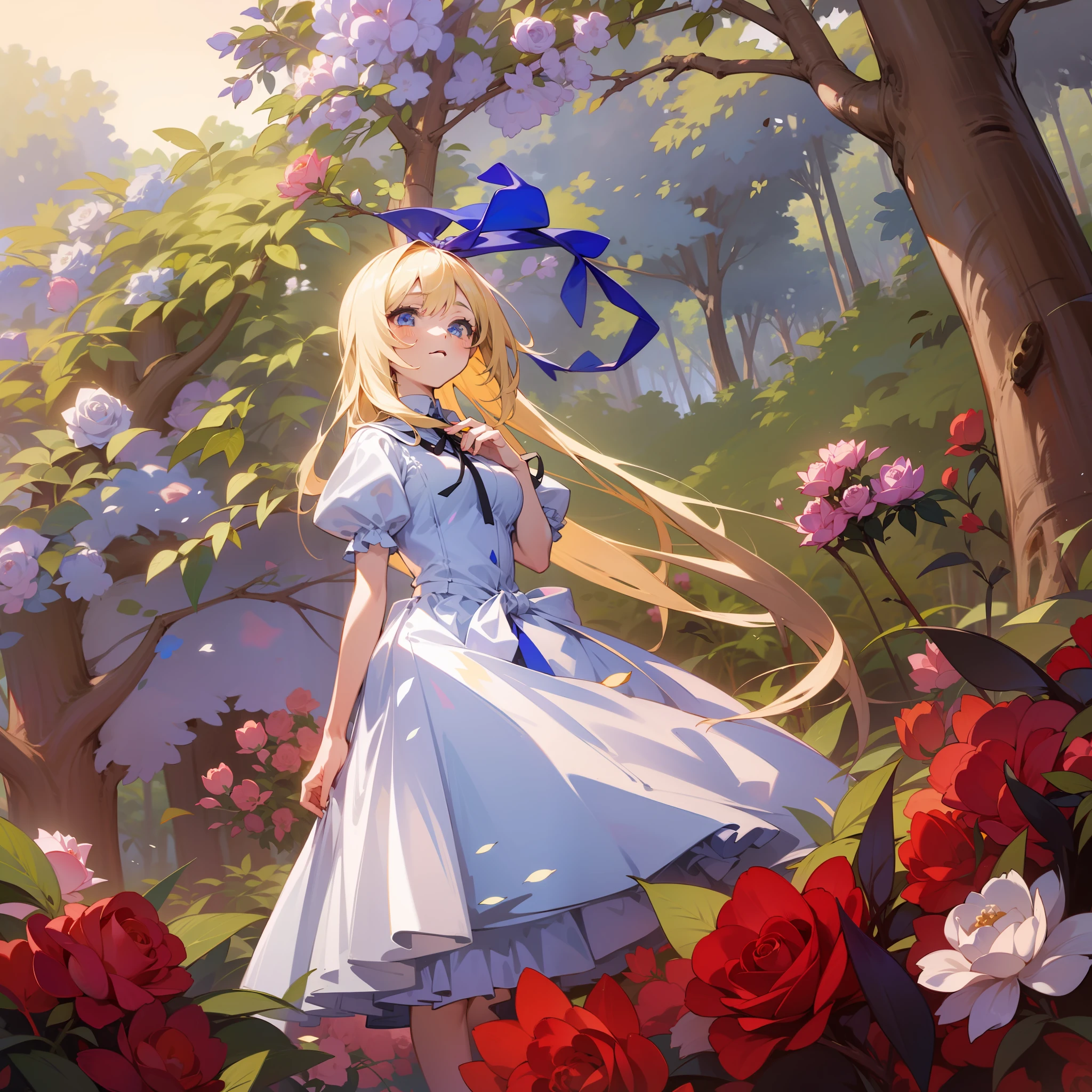 1girl, Alice's Adventures in Wonderland, A girl with a big ribbon on her head, Blonde long hair, A girl in a pale blue dress, Lolita kei, In the forest, Red and white roses, Tea Party, A incompetence painting, high resolution, 8k, anime girl, beautiful girl, perfect face, perfect body, perfect drawing, illustration, pixiv, cards, anime, cute