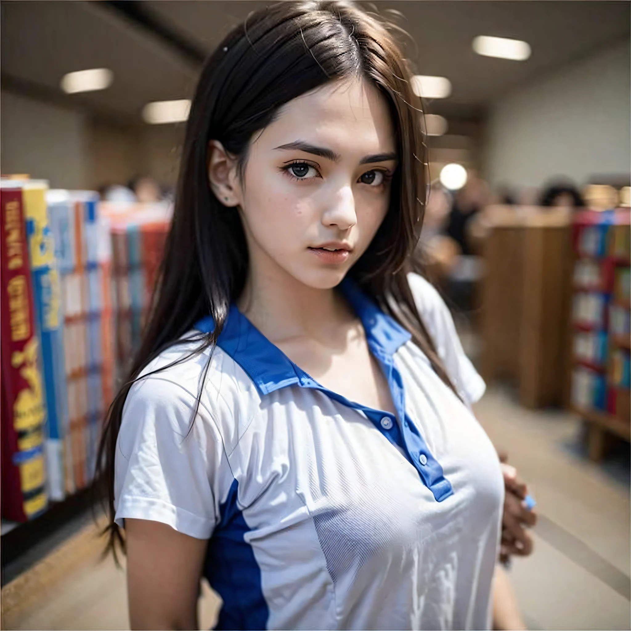 Top quality, masterpiece, ultra high resolution, photorealistic, girl, (pretty face: 1.4), white shirt with blue collar, black sweatpants (large chest, narrow waist), long hair, in library, bokeh, beautiful lighting, shiny skin