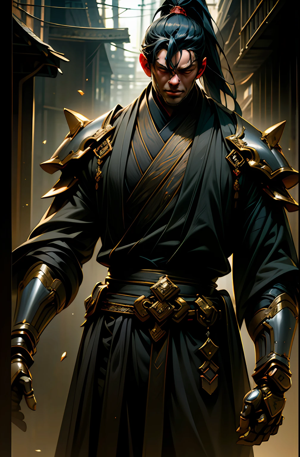 Dark_Fantasy,Cyberpunk,(chain saw,chain saw man,Red:1.1),1man,Mechanical marvel,Robotic presence,Cybernetic guardian, wearing a worn-out mech suit, intricate, (steel metal [rusty]), elegant, clear focus, shot by greg rutkowski, soft lighting, vibrant colors, masterpiece, ((street)), cowboy shot, dynamic pose,