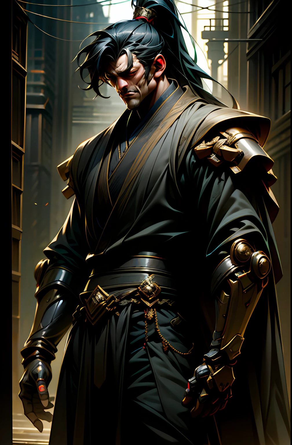 Dark_Fantasy,Cyberpunk,(chain saw,chain saw man,Red:1.1),1man,Mechanical marvel,Robotic presence,Cybernetic guardian, wearing a worn-out mech suit, intricate, (steel metal [rusty]), elegant, clear focus, shot by greg rutkowski, soft lighting, vibrant colors, masterpiece, ((street)), cowboy shot, dynamic pose,