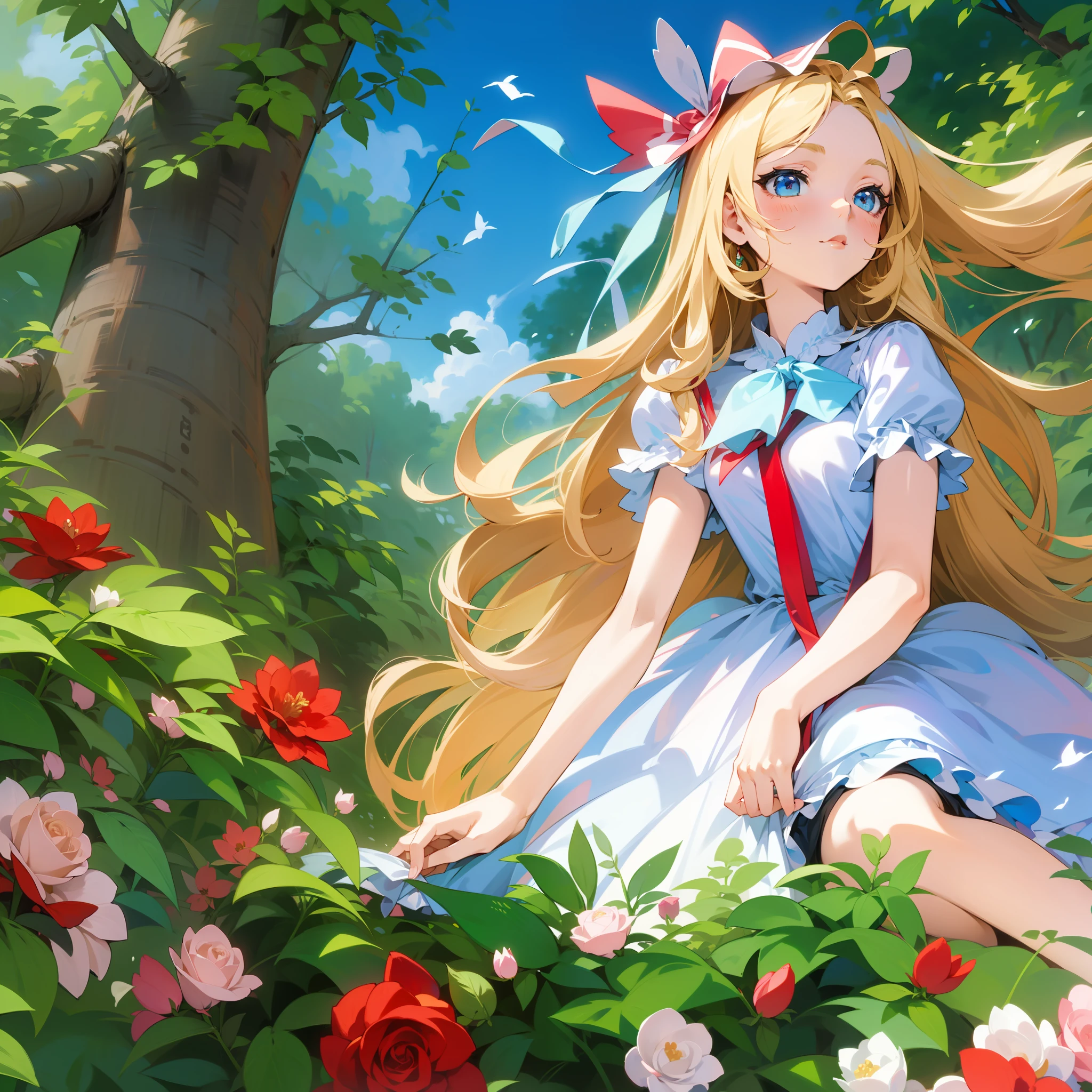 1girl, Alice's Adventures in Wonderland, A girl with a big ribbon on her head, Blonde long hair, A girl in a pale blue dress, Lolita kei, In the forest, Red and white roses, Tea Party, A incompetence painting, high resolution, 8k, anime girl, beautiful girl, perfect face, perfect body, perfect drawing, illustration, pixiv, cards, anime, cute