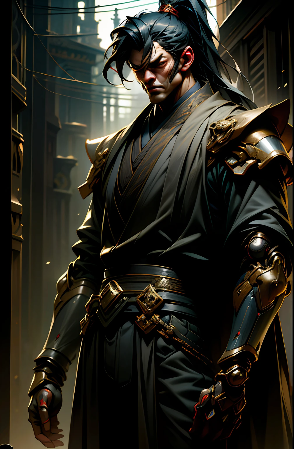 Dark_Fantasy,Cyberpunk,(chain saw,chain saw man,Red:1.1),1man,Mechanical marvel,Robotic presence,Cybernetic guardian, wearing a worn-out mech suit, intricate, (steel metal [rusty]), elegant, clear focus, shot by greg rutkowski, soft lighting, vibrant colors, masterpiece, ((street)), cowboy shot, dynamic pose,